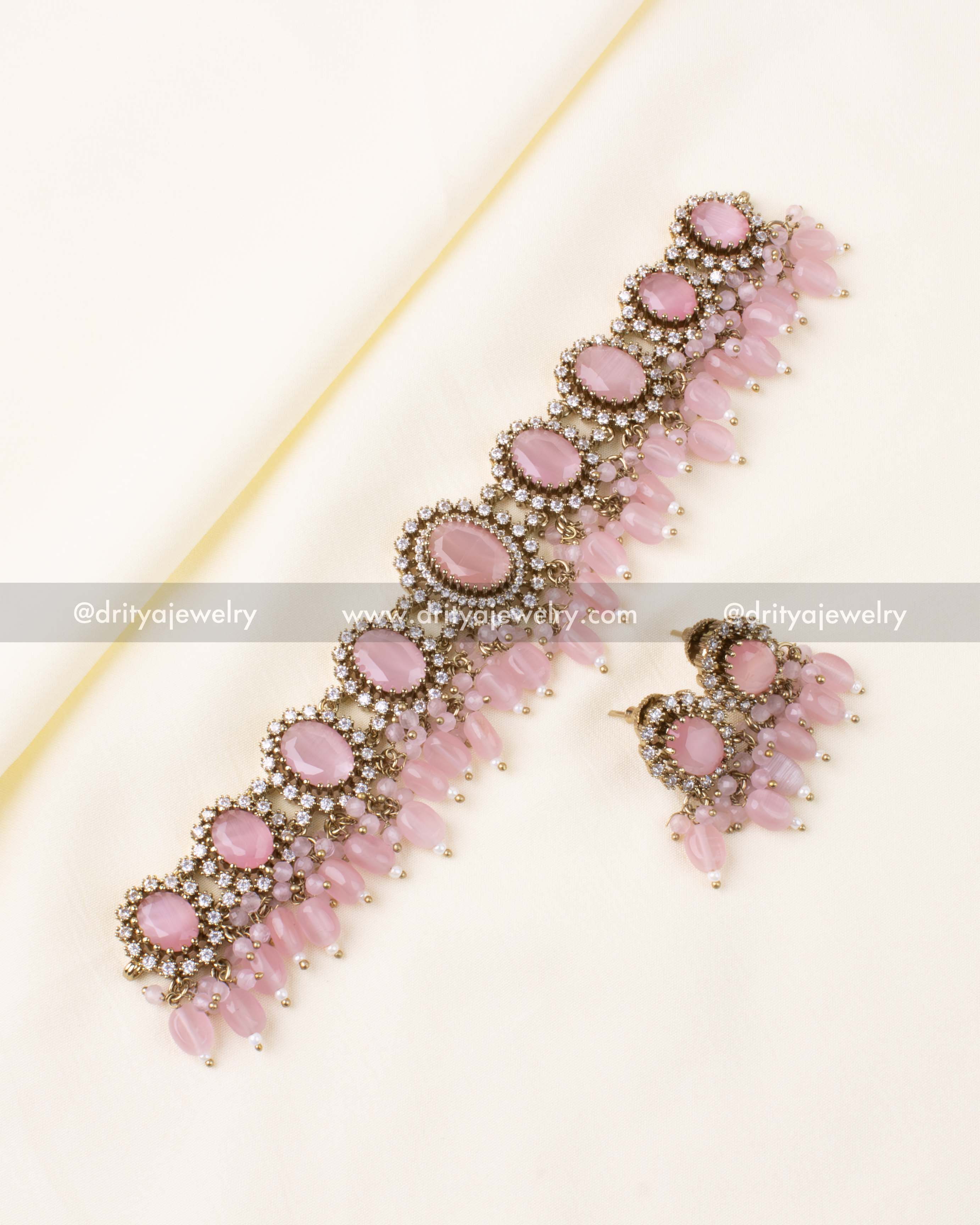 Premium blush pink choker with oval stones and pink bead drops
