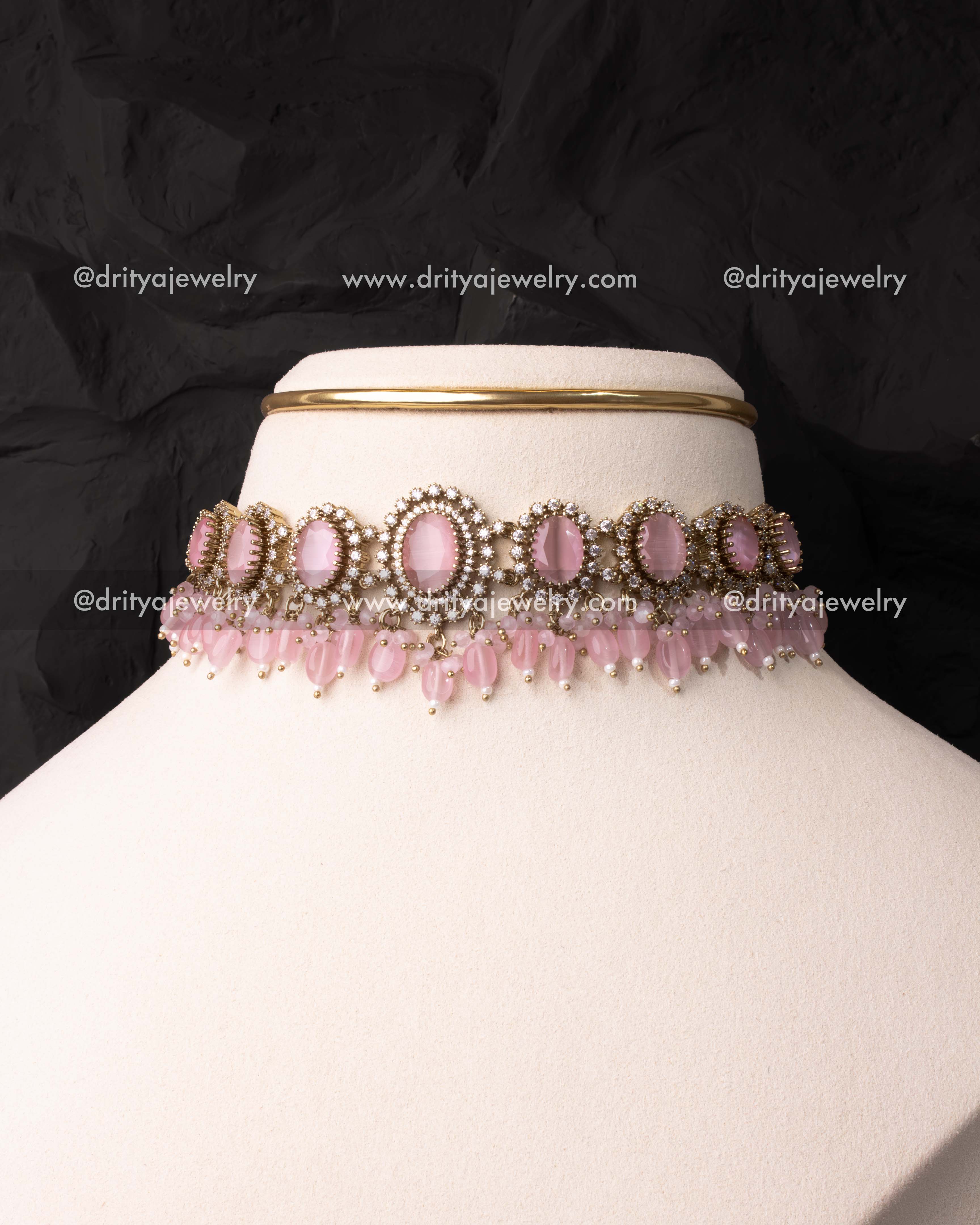 Premium blush pink choker with oval stones and pink bead drops