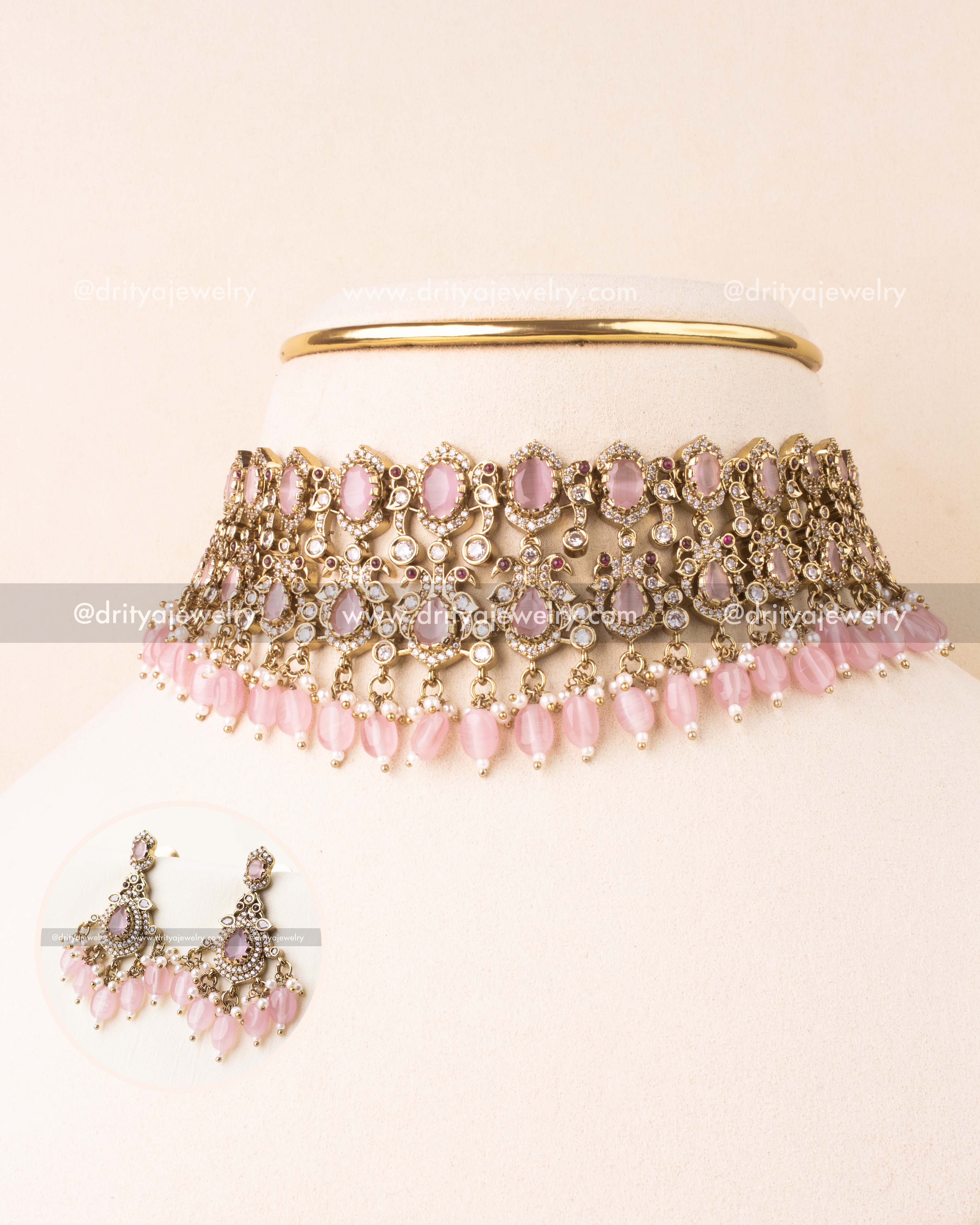 Victorian choker set with blush pink stones and dangling pink beads.