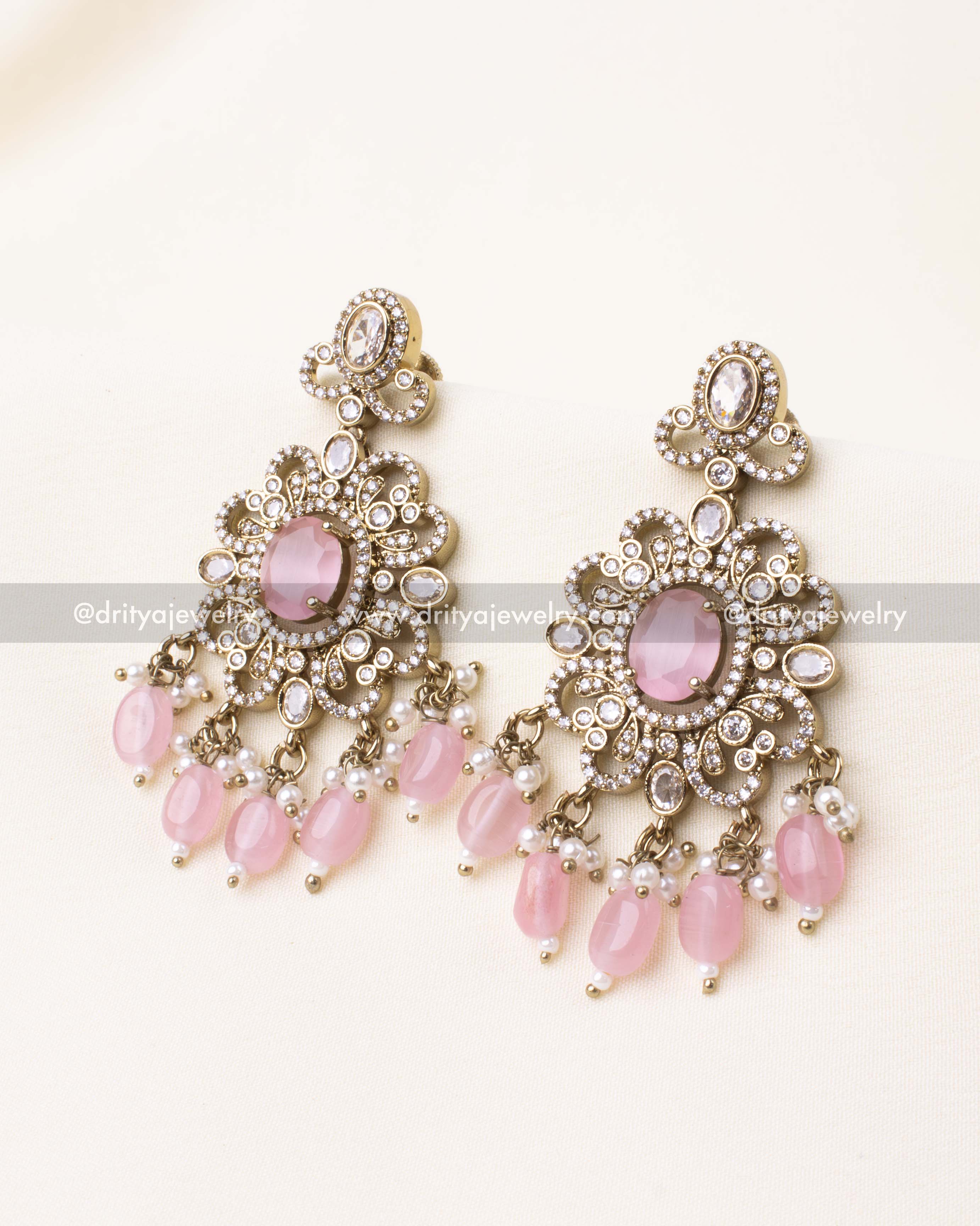 Premium Victorian-style earrings in blush pink with CZ stones and pink beads.