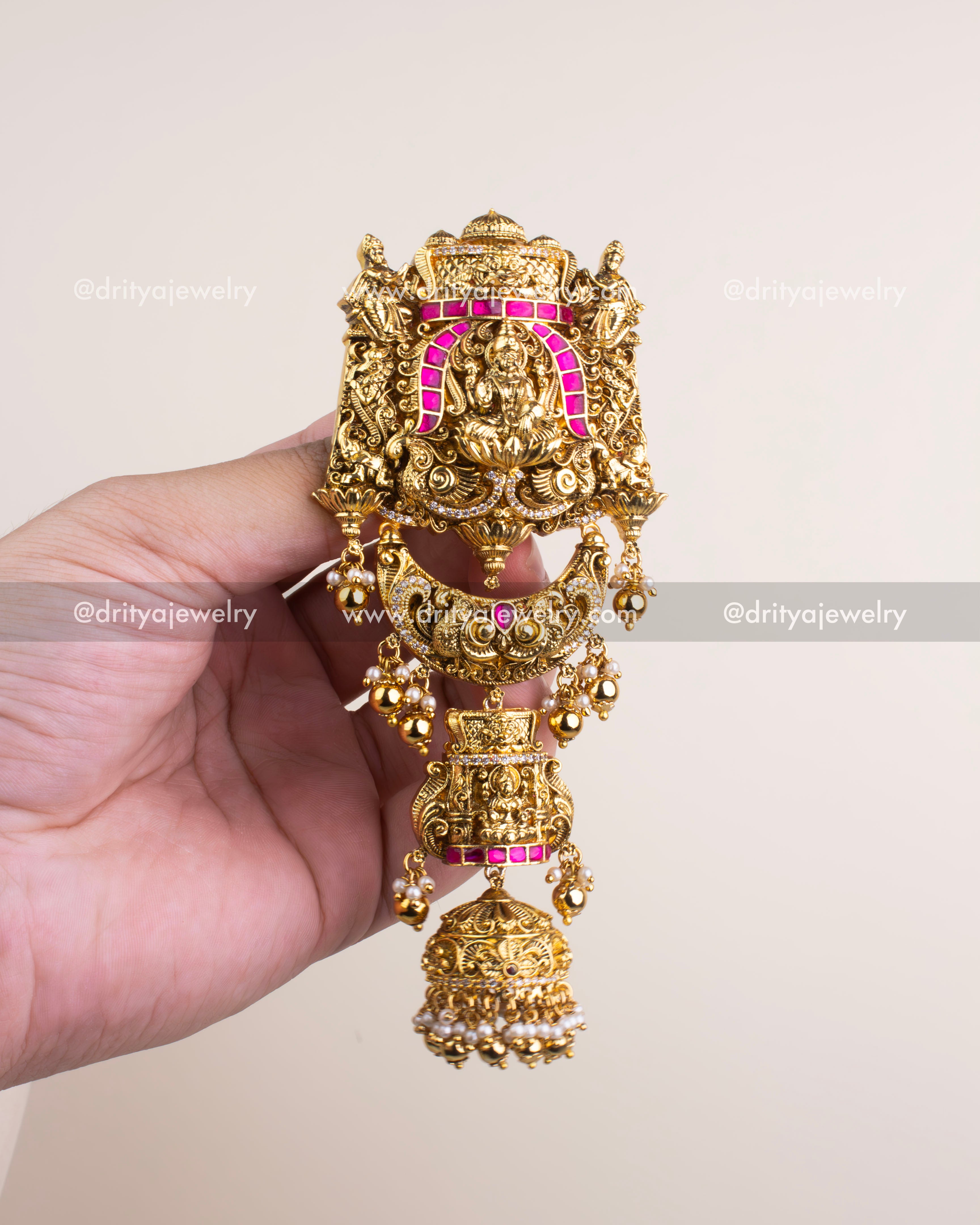 Premium antique polished Jadau Kemp Jada Billa with pink stones and goddess motif.