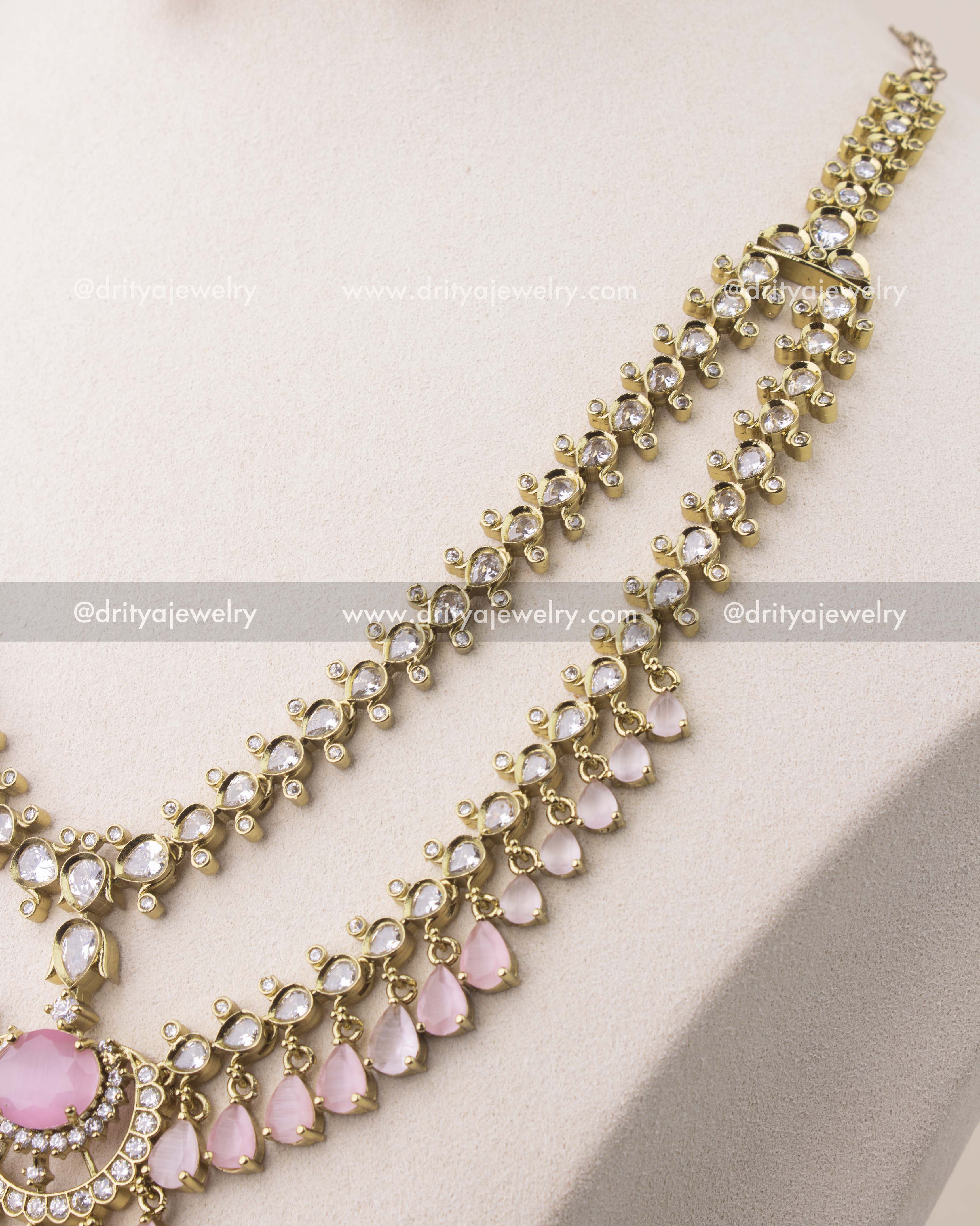 close up Premium Victorian layered short necklace set with blush pink stones and gold finish