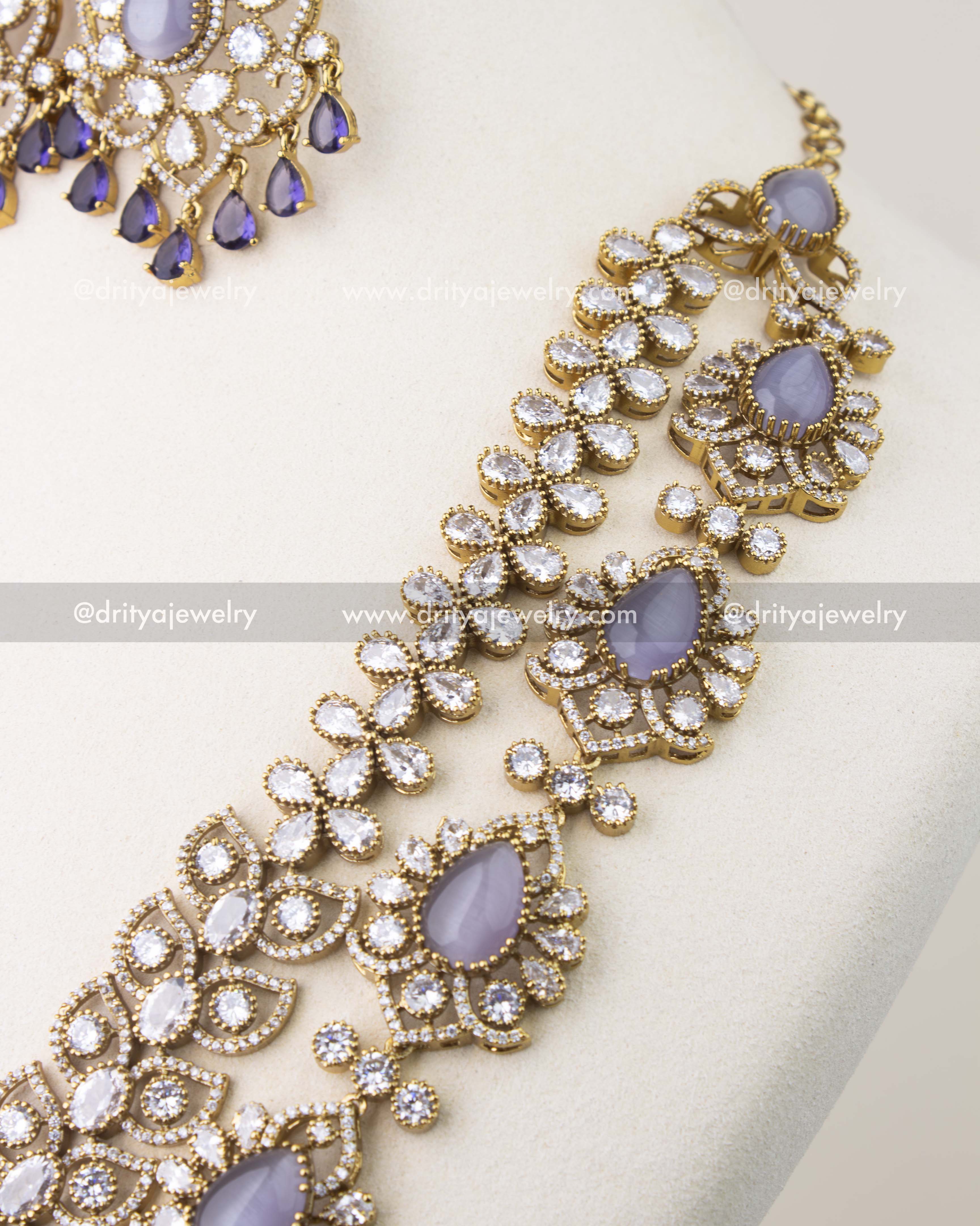 Cushion cut purple stones with CZ halo in Victorian gold polish necklace