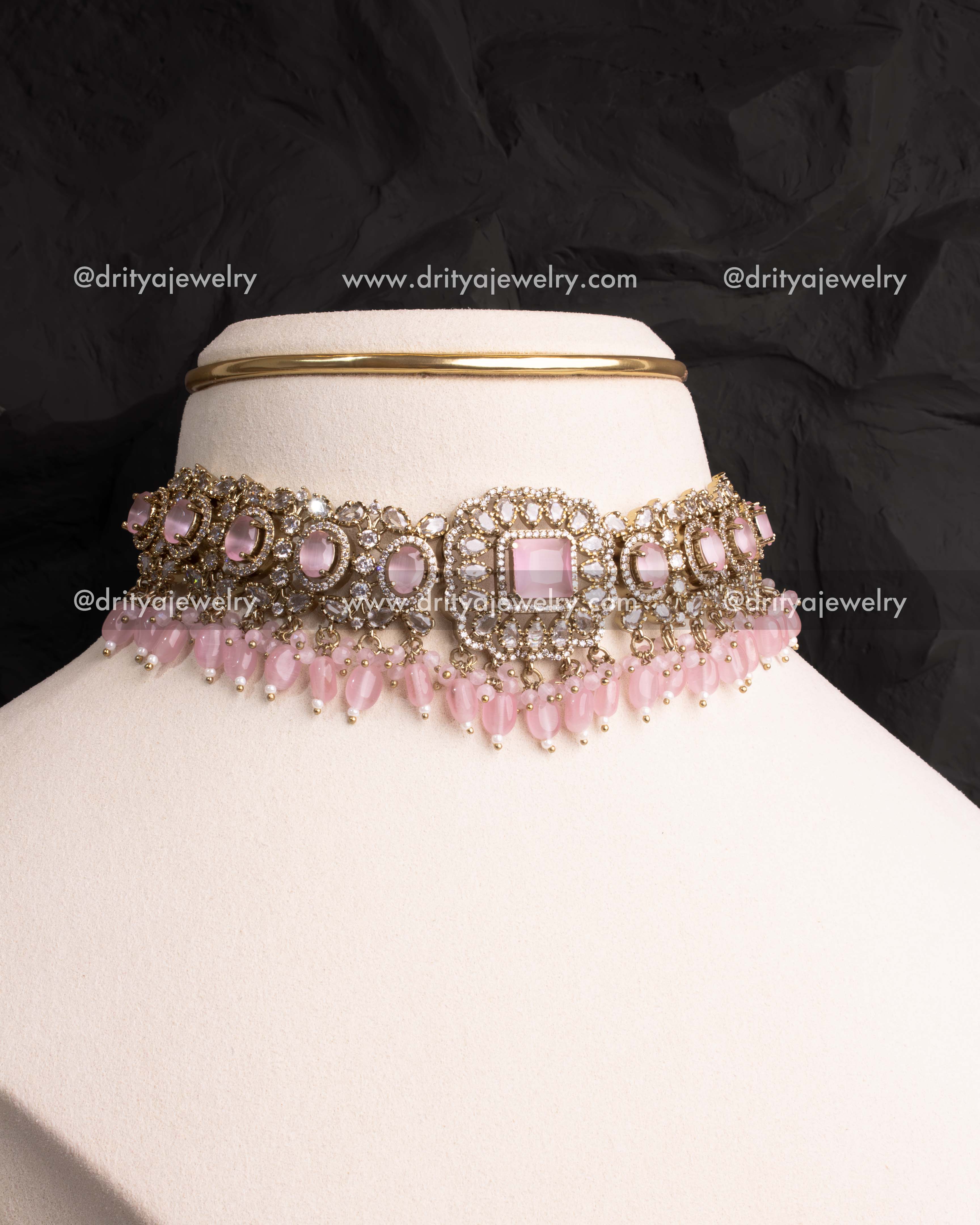 Blush pink Victorian choker displayed on bust form to show necklace fit and finish.