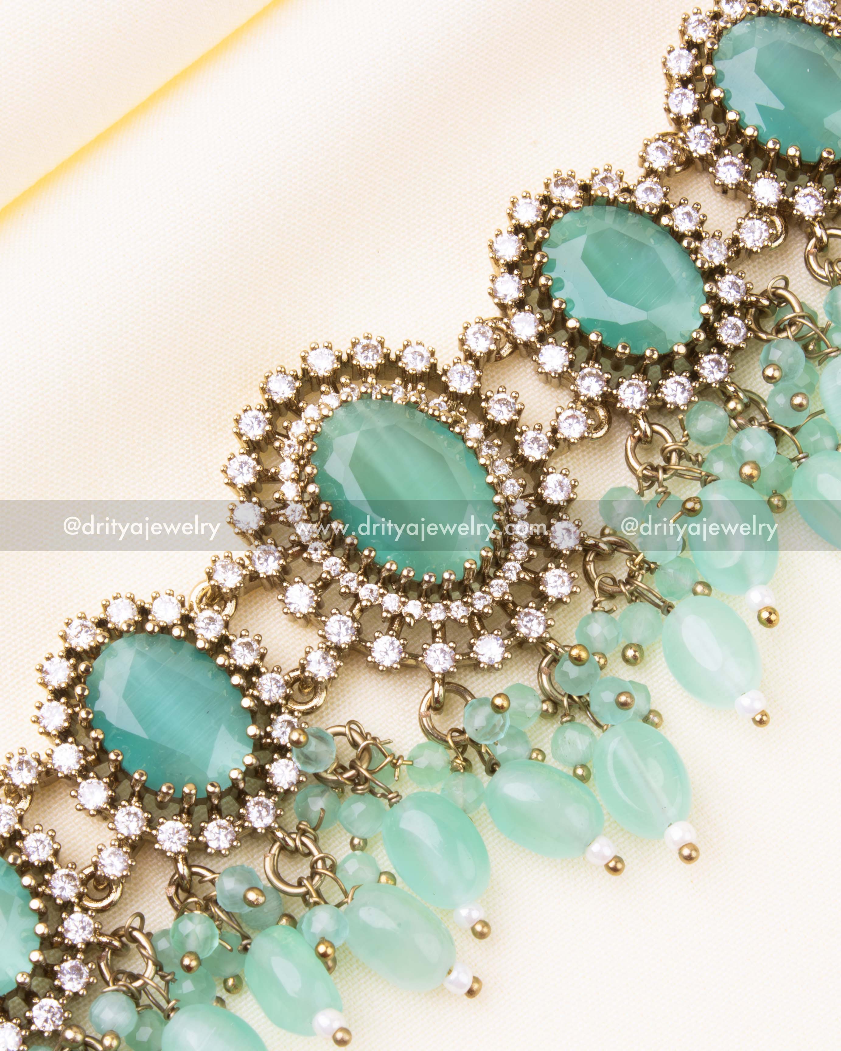 Pastel green choker with white crystal halos and delicate beadwork