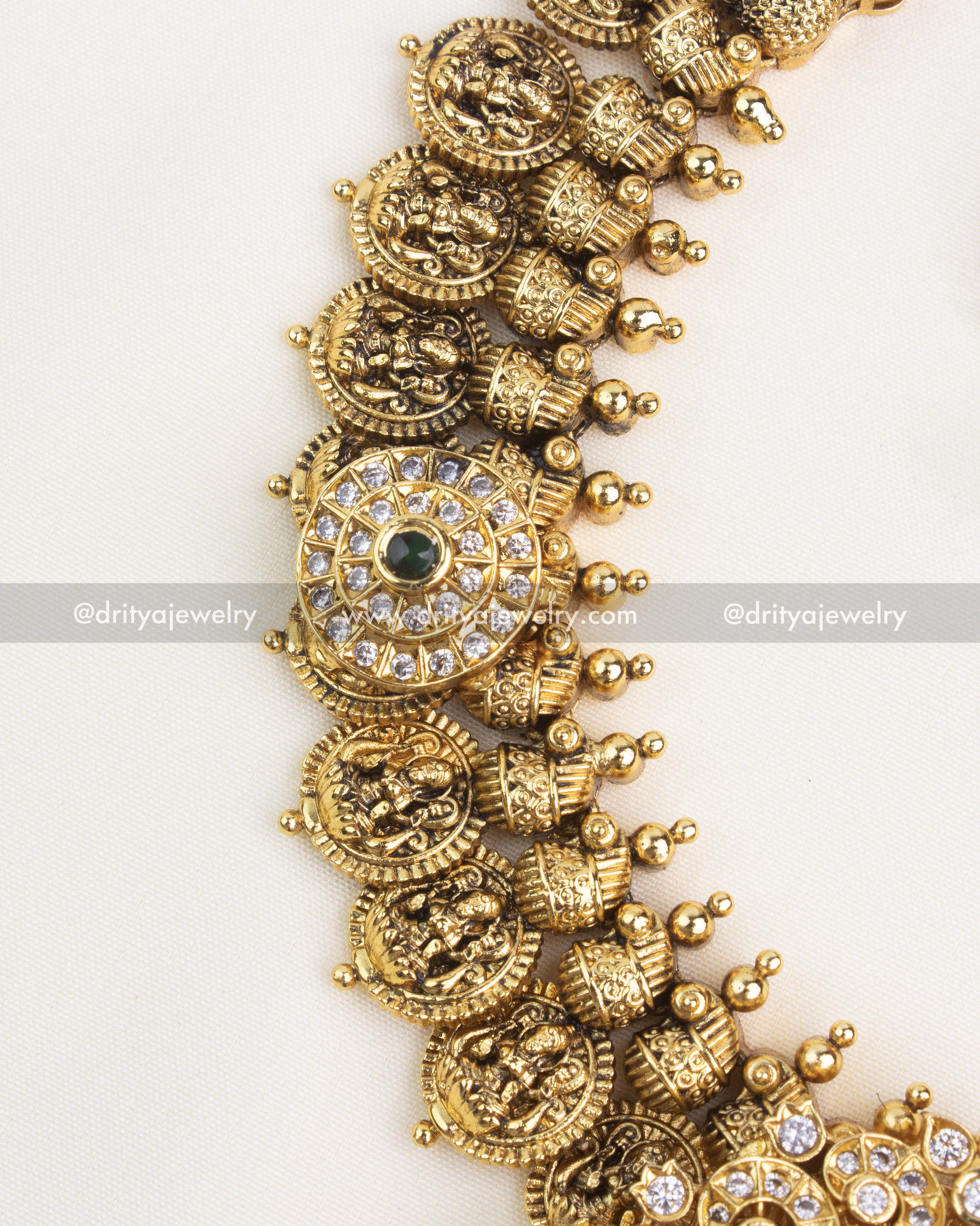 Premium Nakshi Kasulu Short Necklace Set - Emerald Green