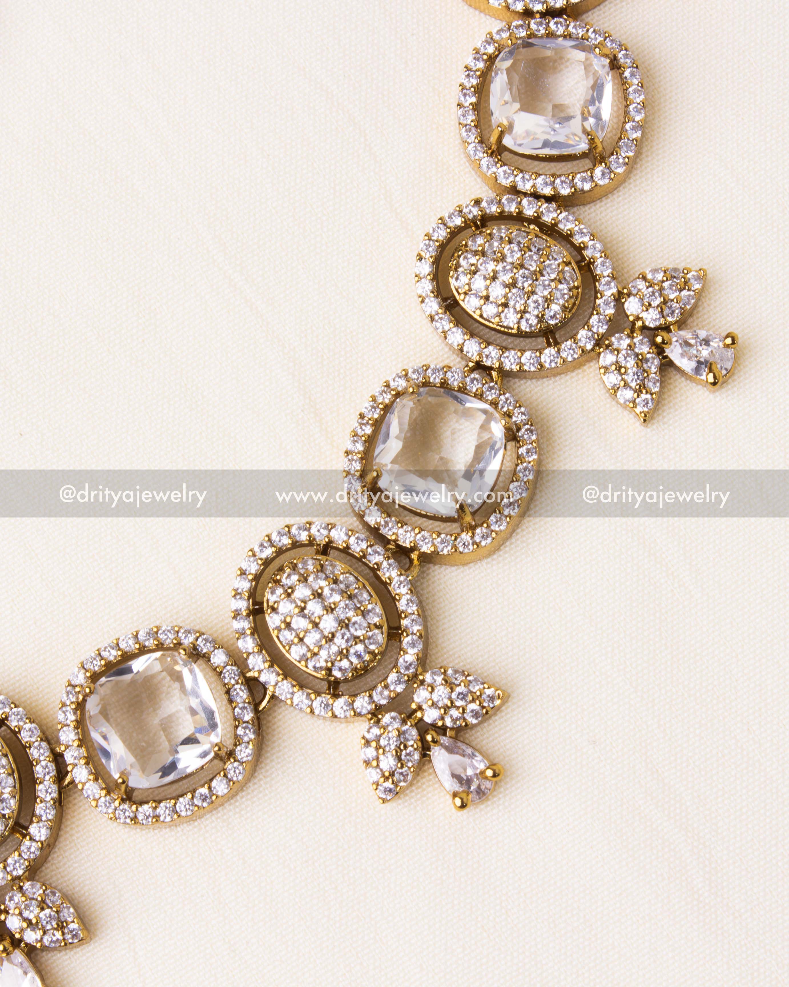 Detailed view of a premium CZ stone necklace with square and oval-cut embellishments.