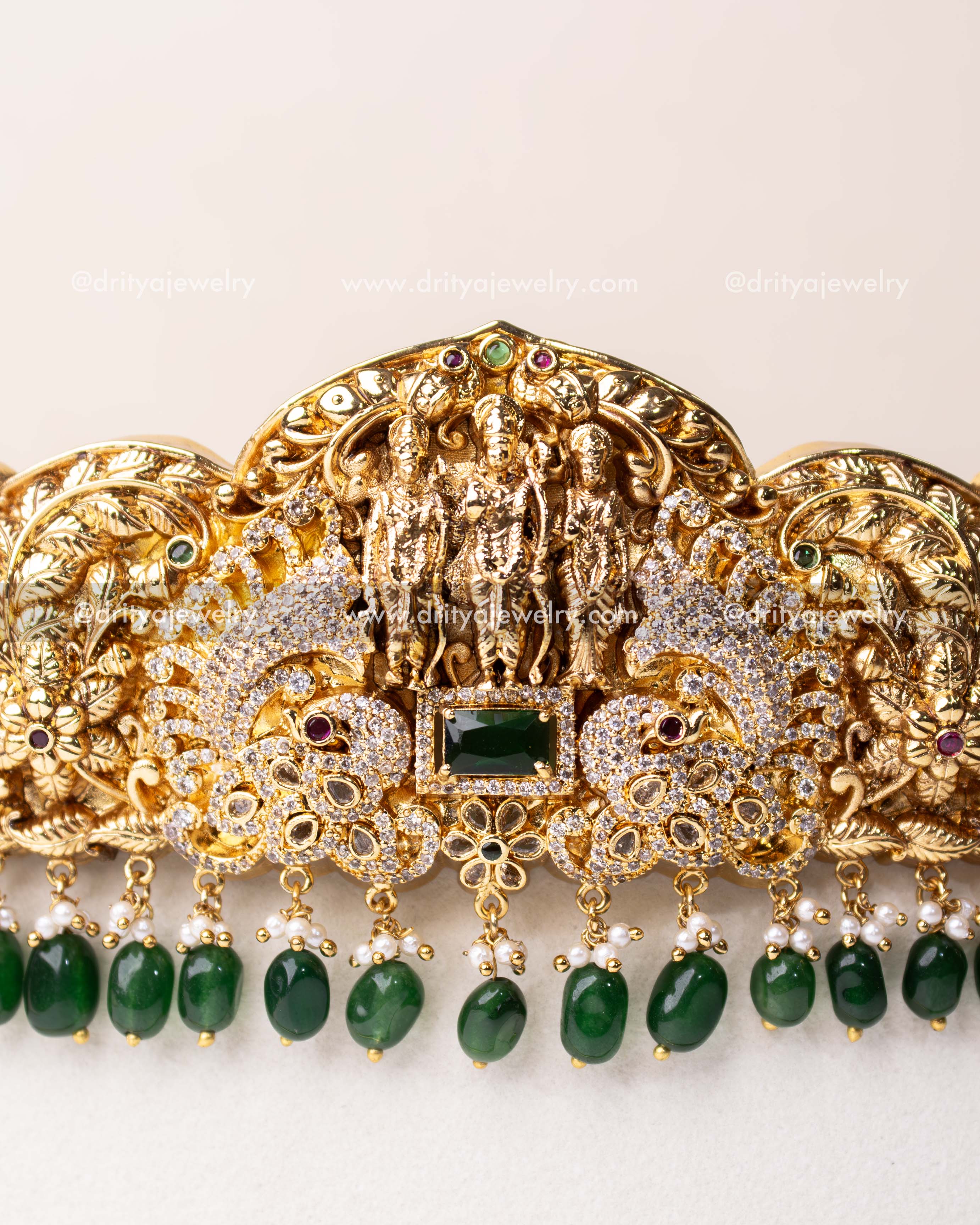 Detailed view of Lord Rama, Sita, and Lakshmana design on temple jewelry waist belt
