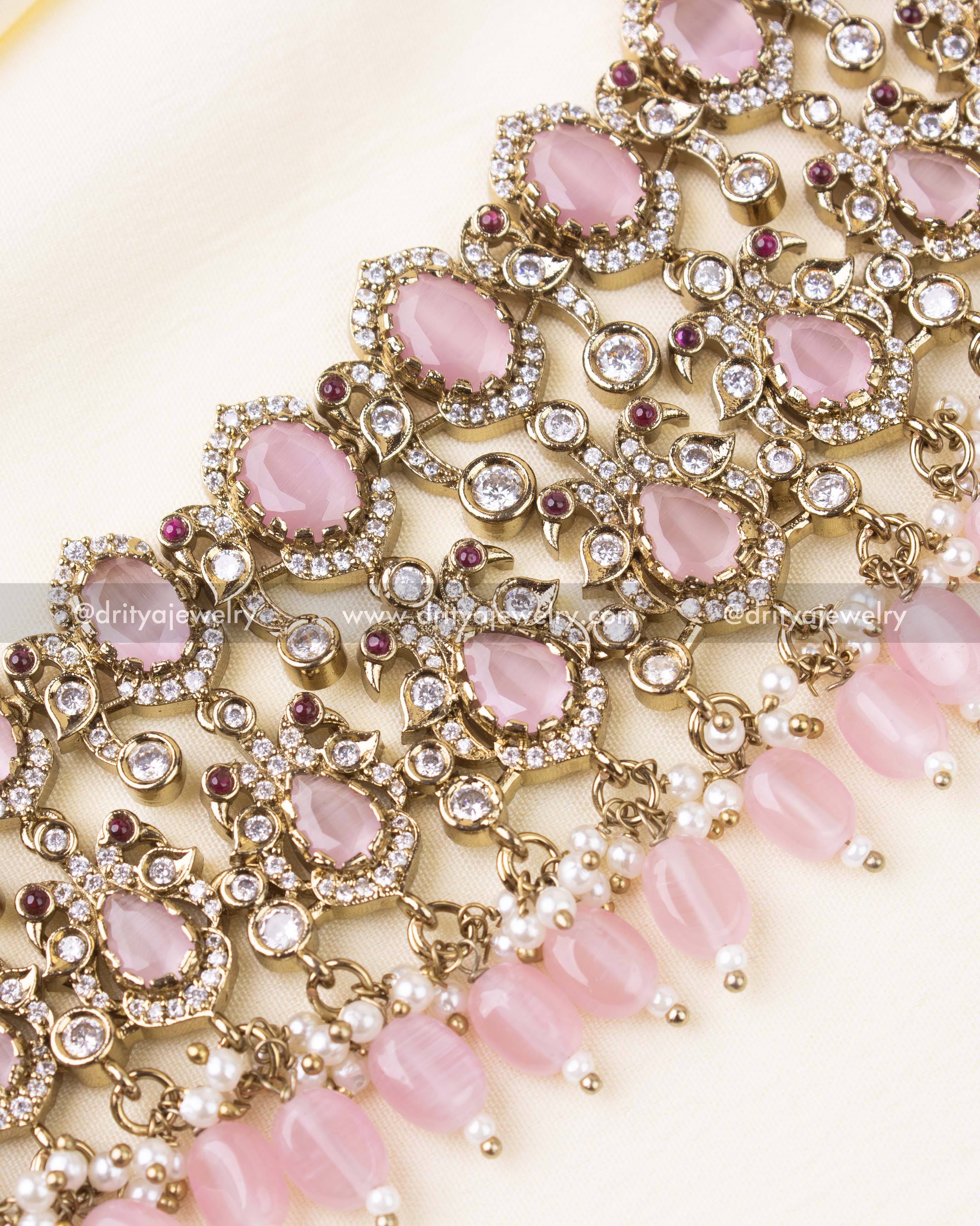 Detailed image of blush pink beads and AD stone choker craftsmanship.