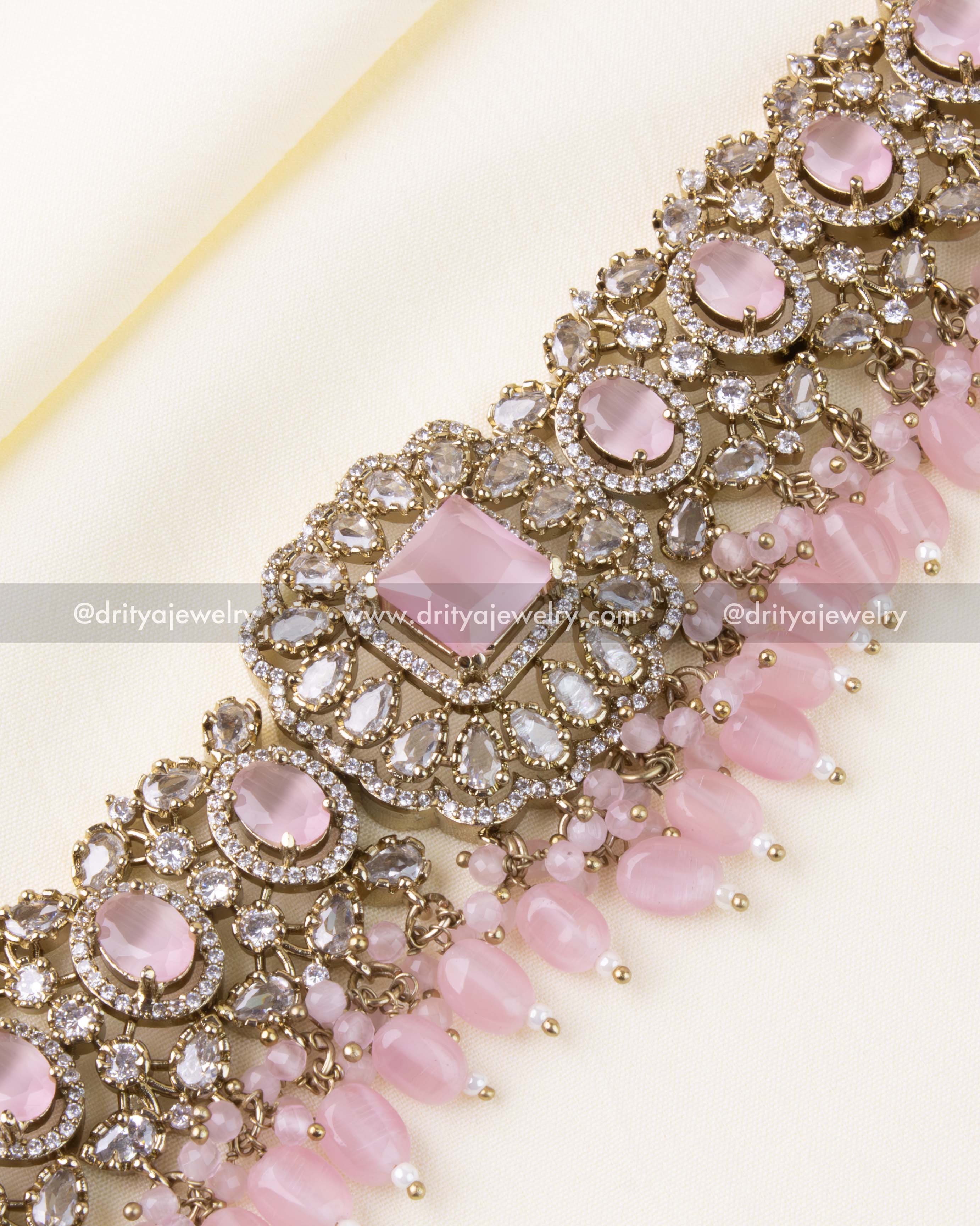 Close-up of the choker’s central blush pink stone surrounded by sparkling AD stones.
