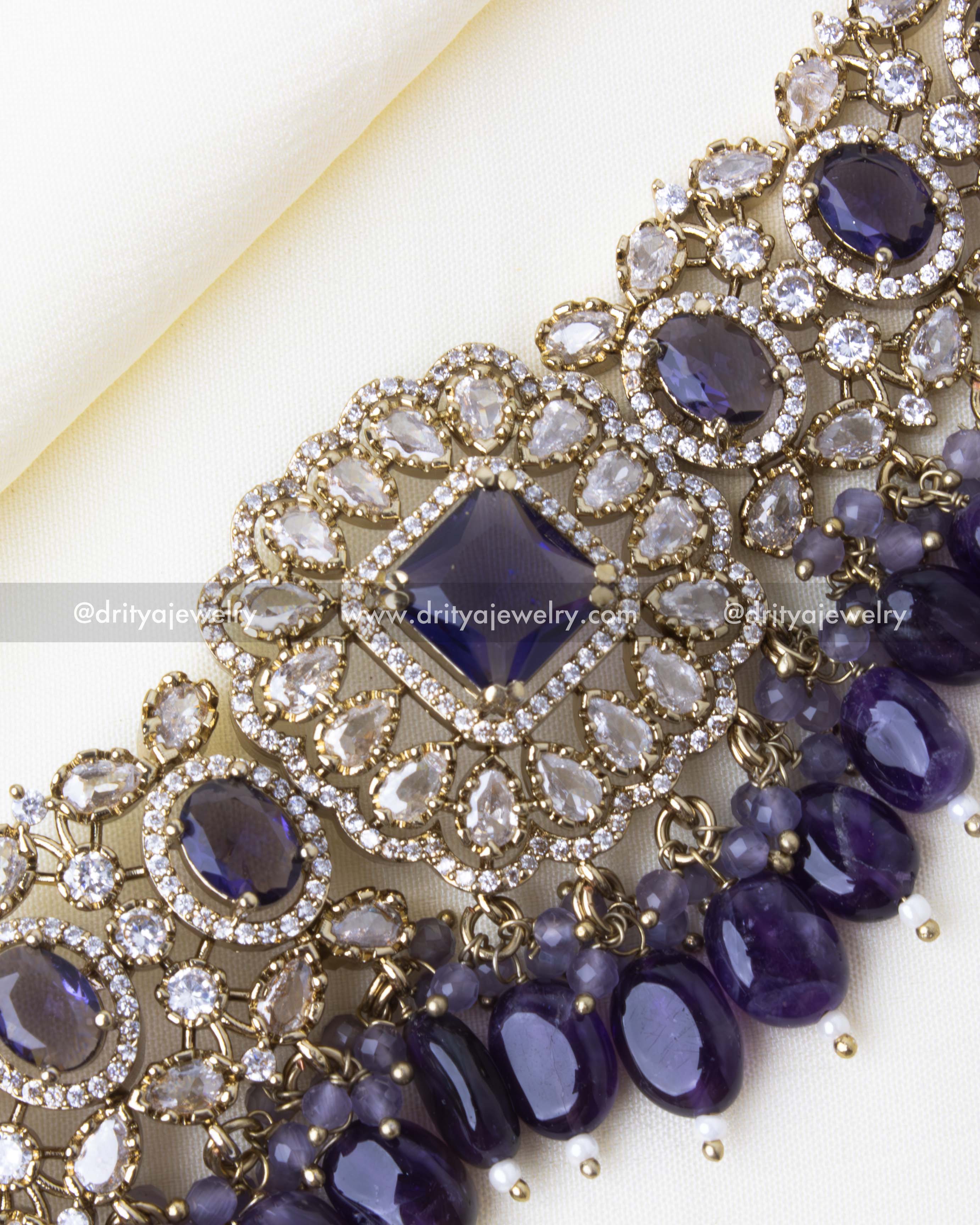 Detailed close-up of a Victorian-inspired choker with intricate amethyst and zircon stone settings.