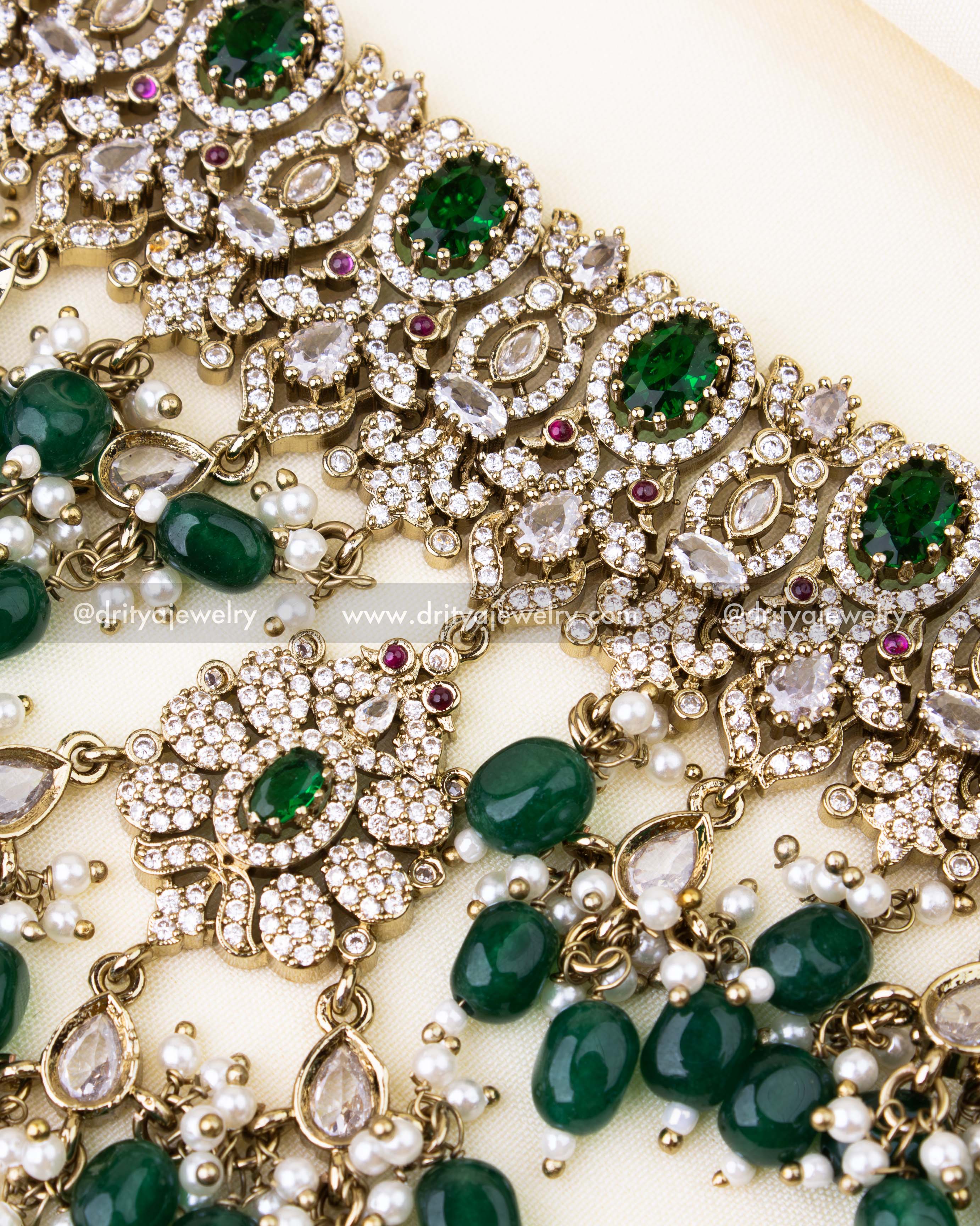 Detailed view of Victorian choker featuring green beads, floral CZ motifs, and matching pendant design.