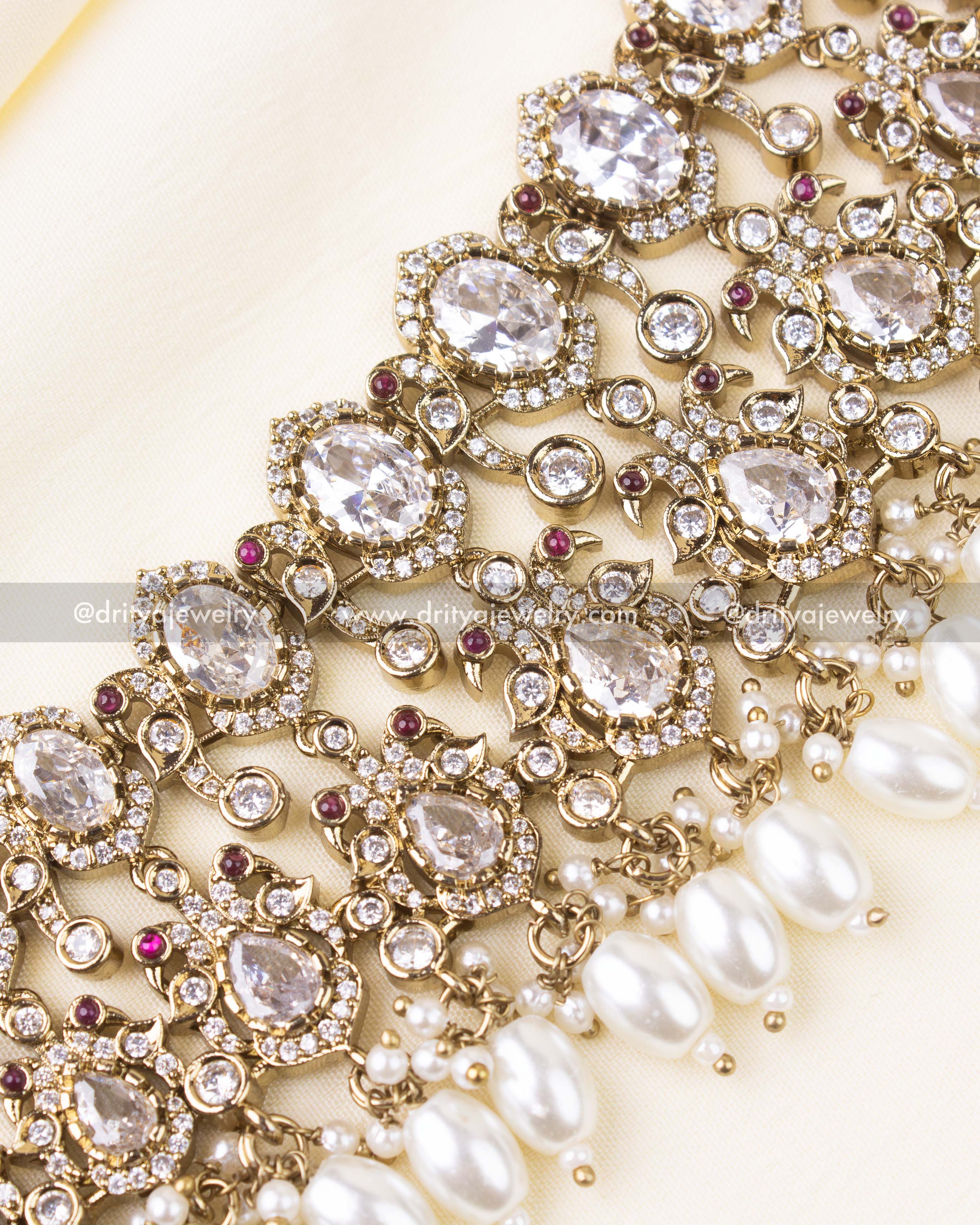 White diamond-style Victorian choker with pearl bead drops.