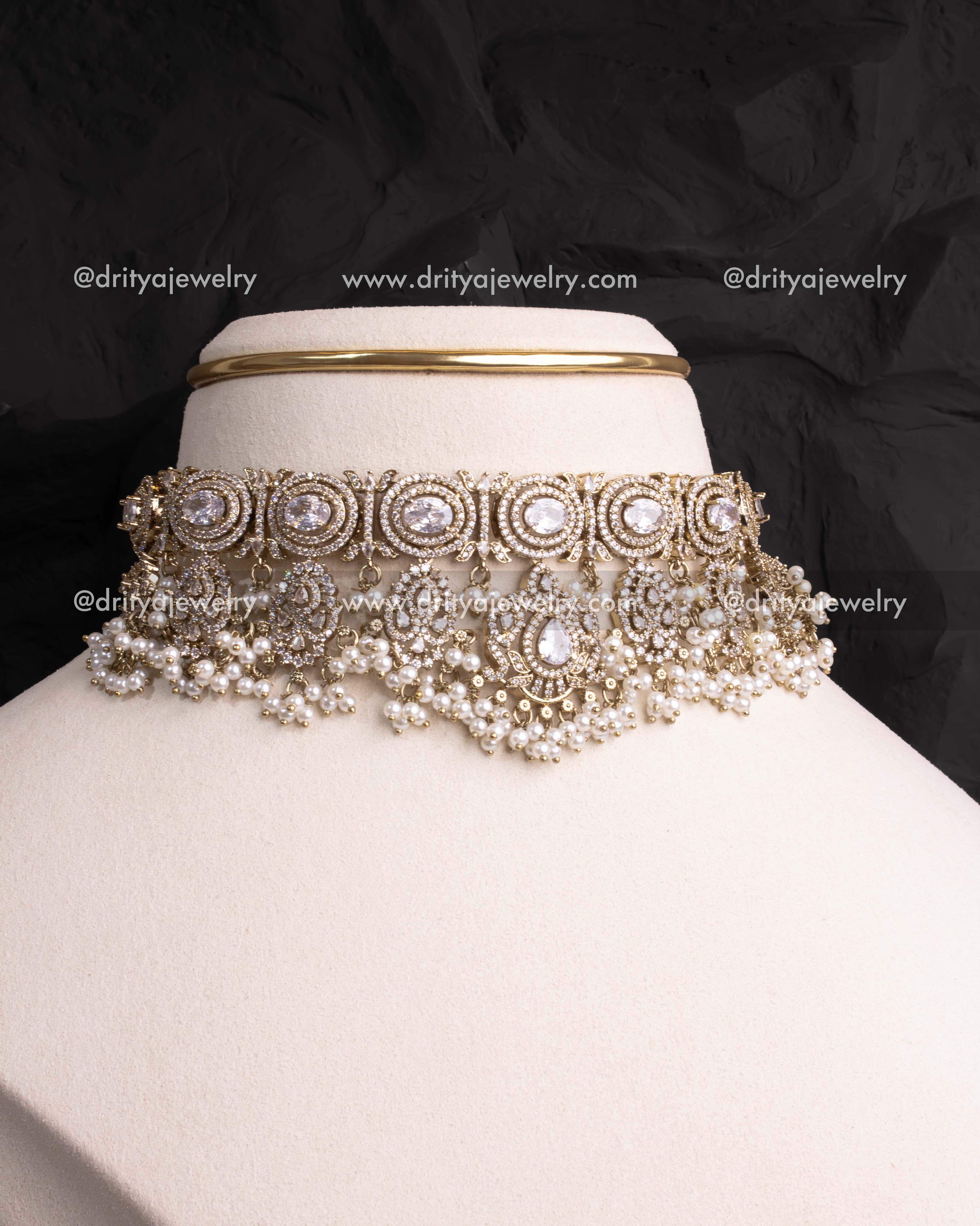 White AD stone Victorian choker with pearl fringe displayed on mannequin.
