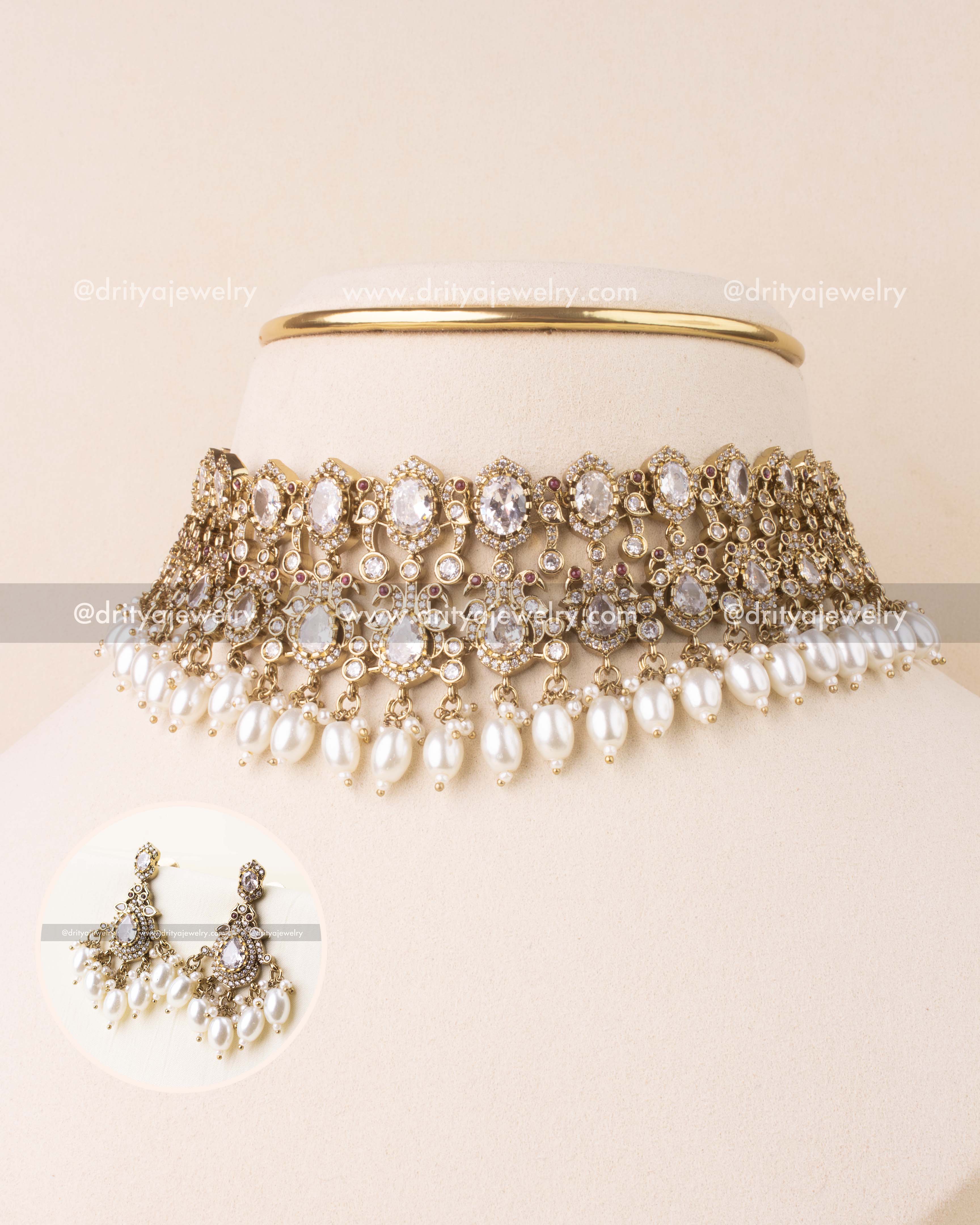 White diamond-style Victorian choker with pearl bead drops.