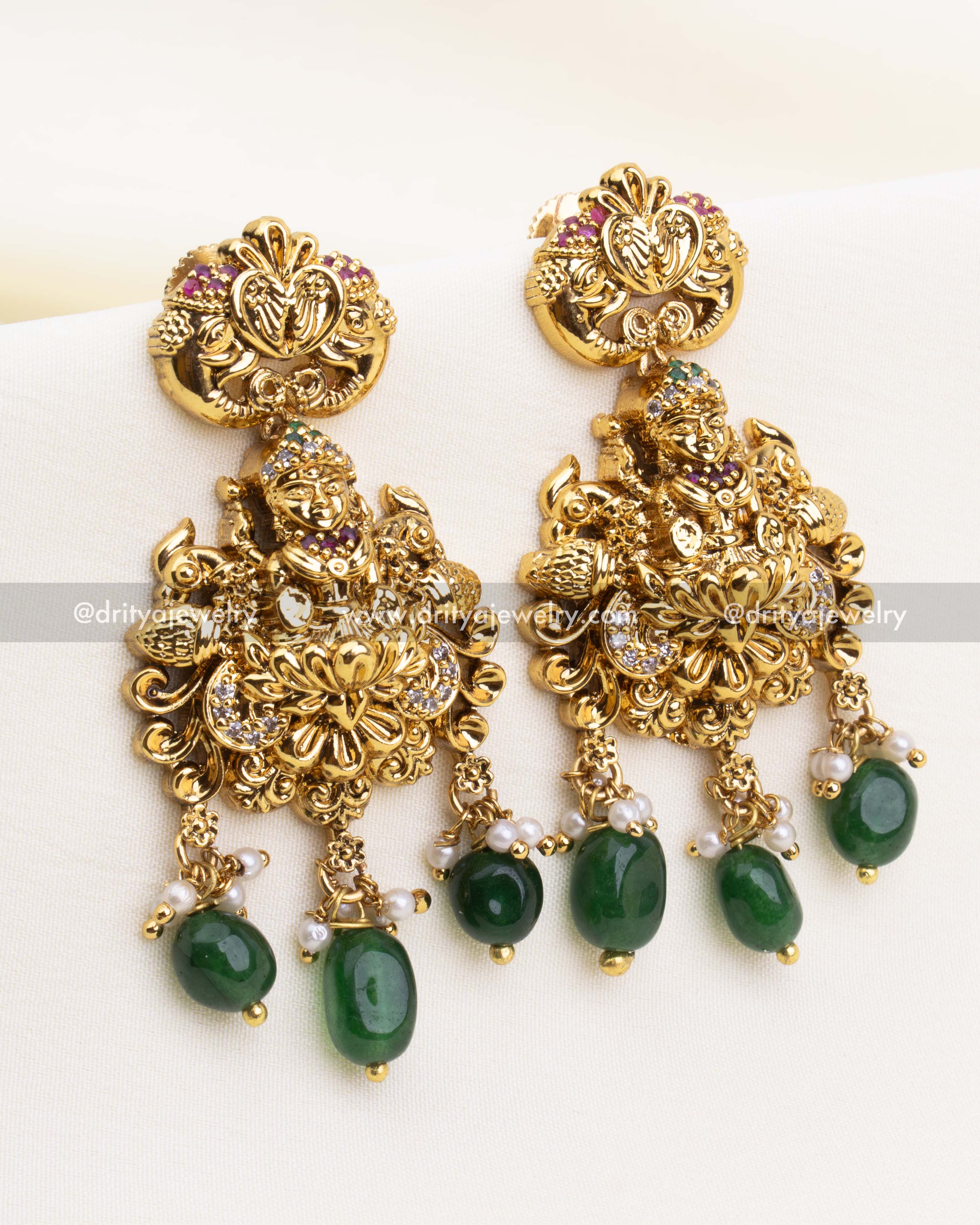 Lakshmi Temple Earrings with Emerald Beads and Matte Gold Finish – Bridal Earring Pair