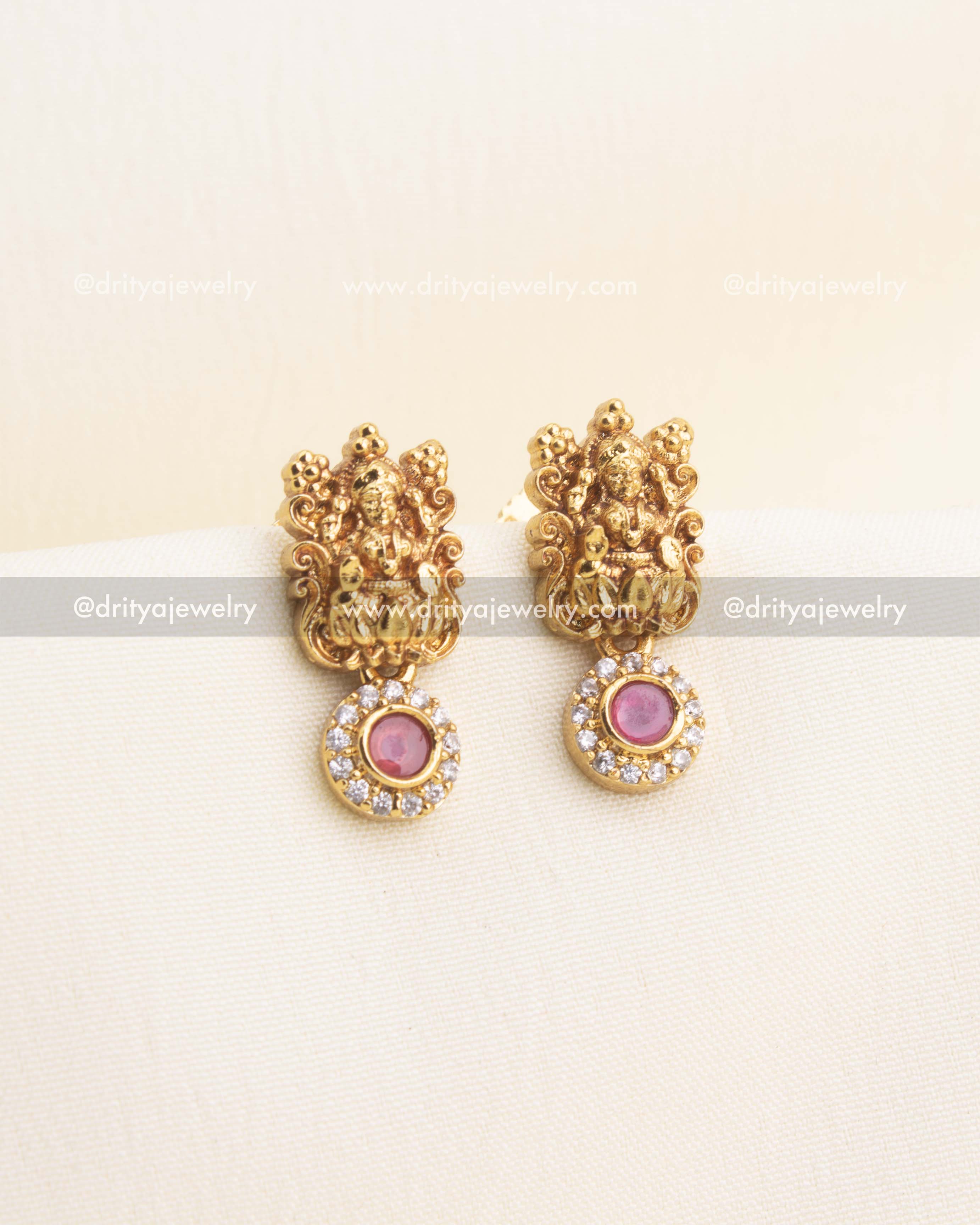 Lakshmi temple earrings with red stone drop and CZ halo