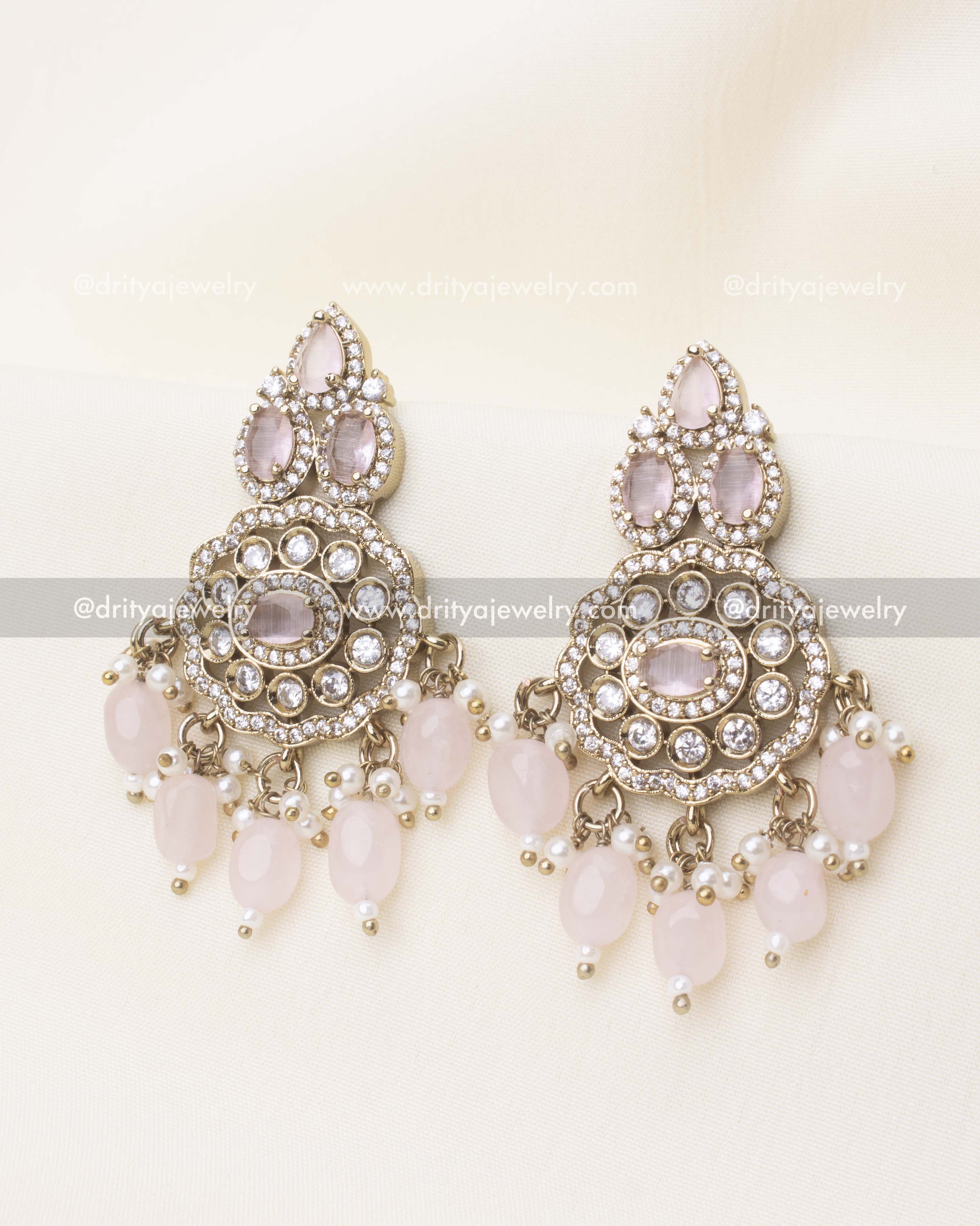 Matching Victorian earrings in blush pink stones with pearl drops from choker set