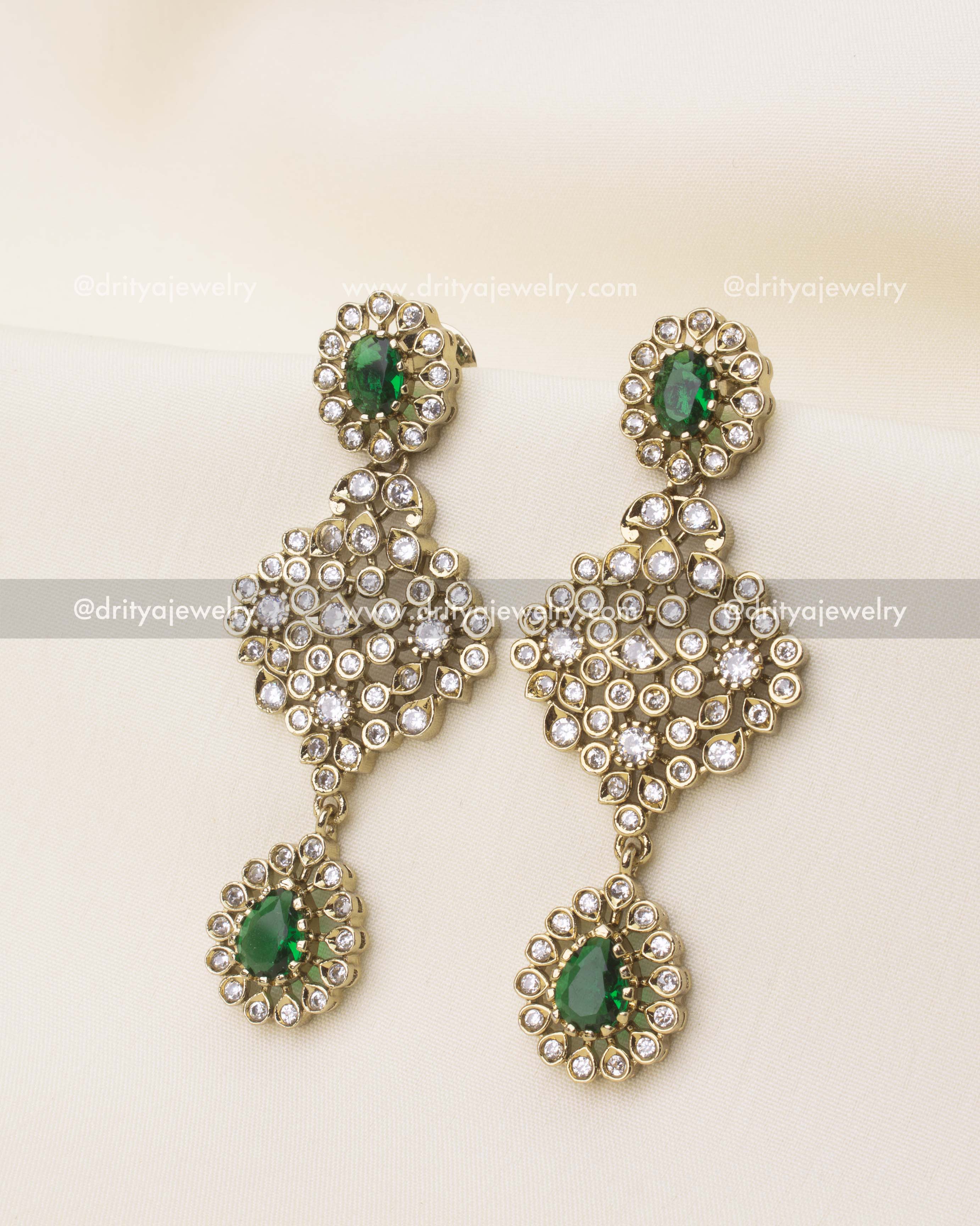 Matching emerald green Victorian drop earrings with CZ stones
