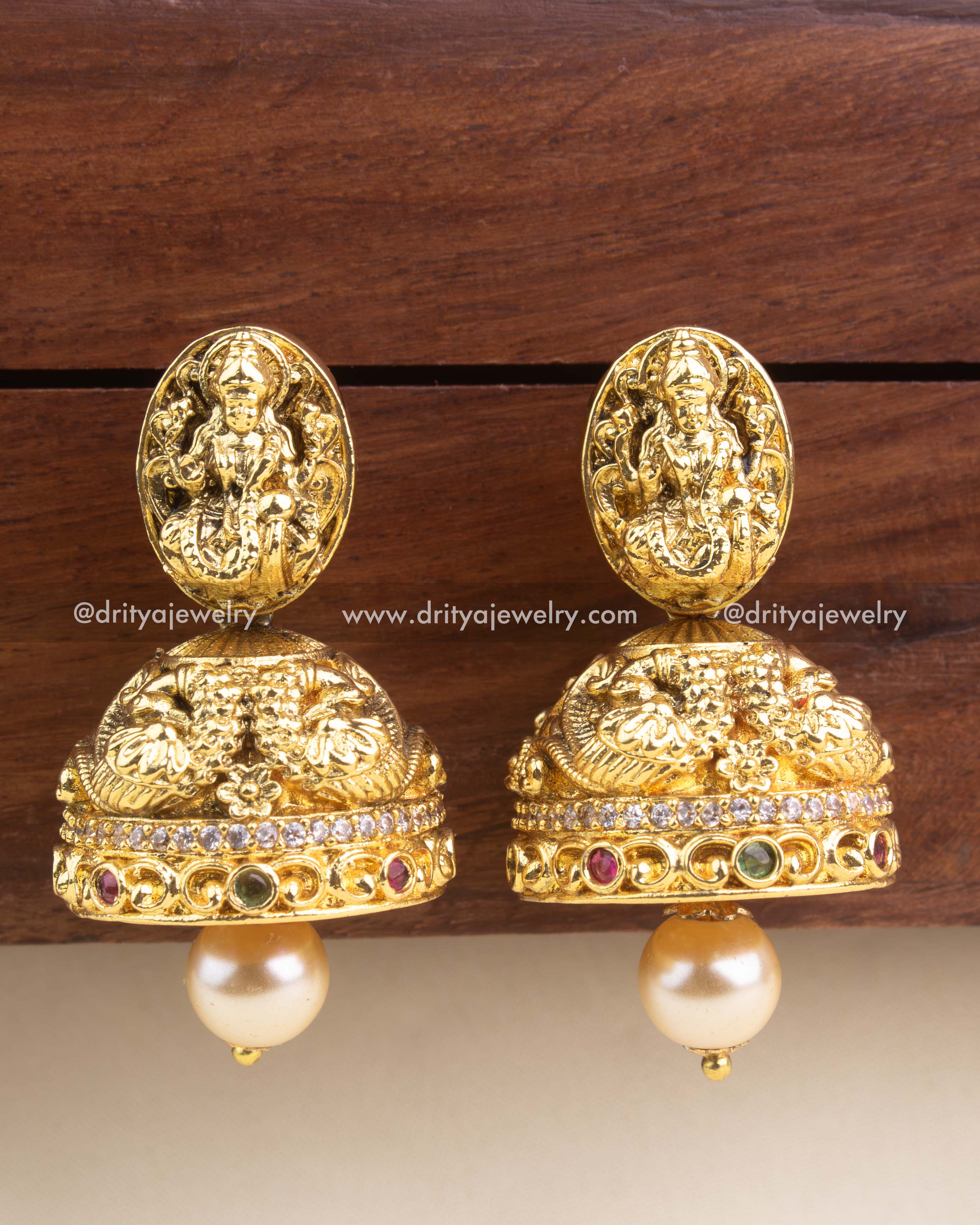 Nakshi temple jhumkas with single pearl ghanti drop and kemp stones – gold polish