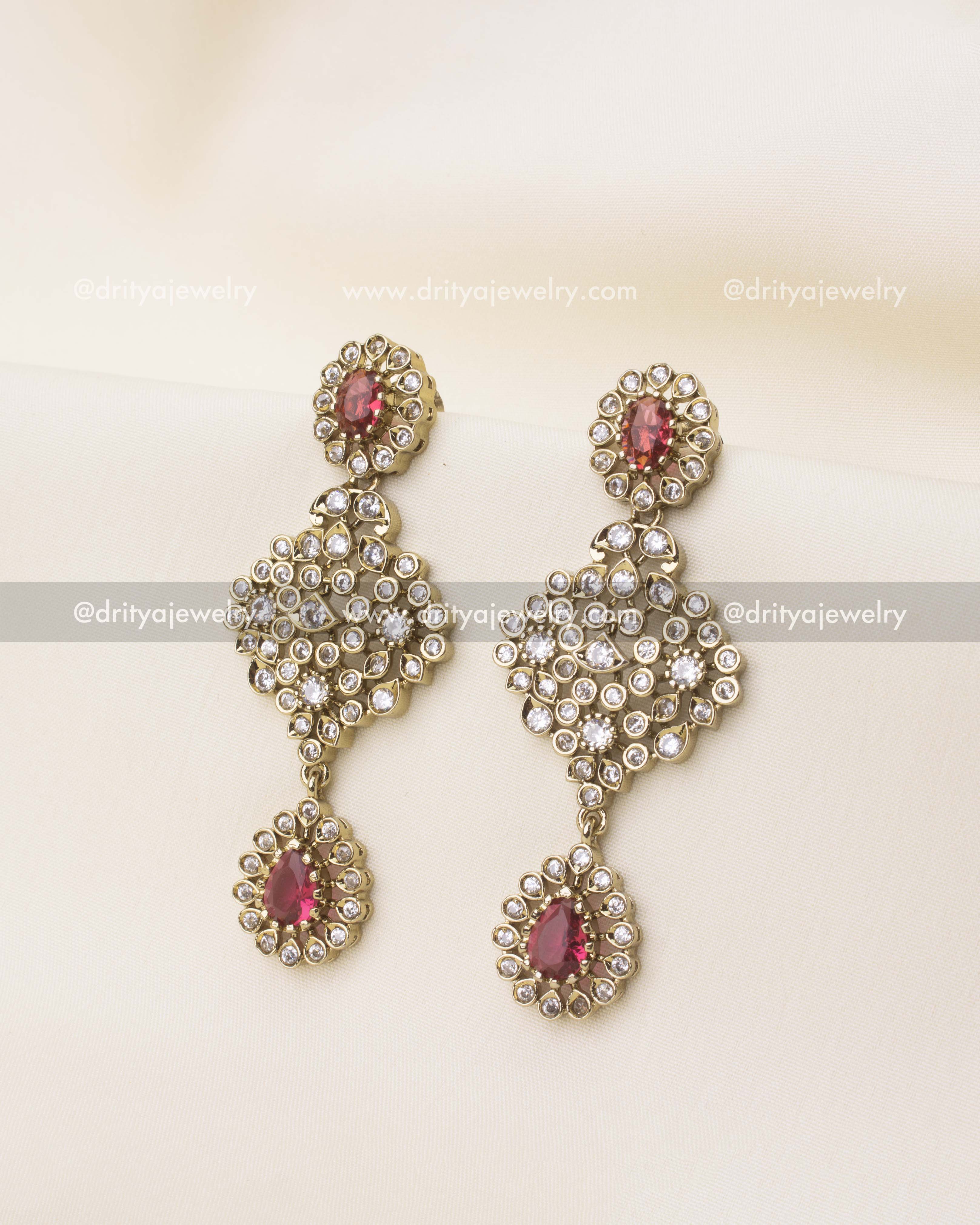 Ruby red Victorian drop earrings with diamond-alike CZ stones