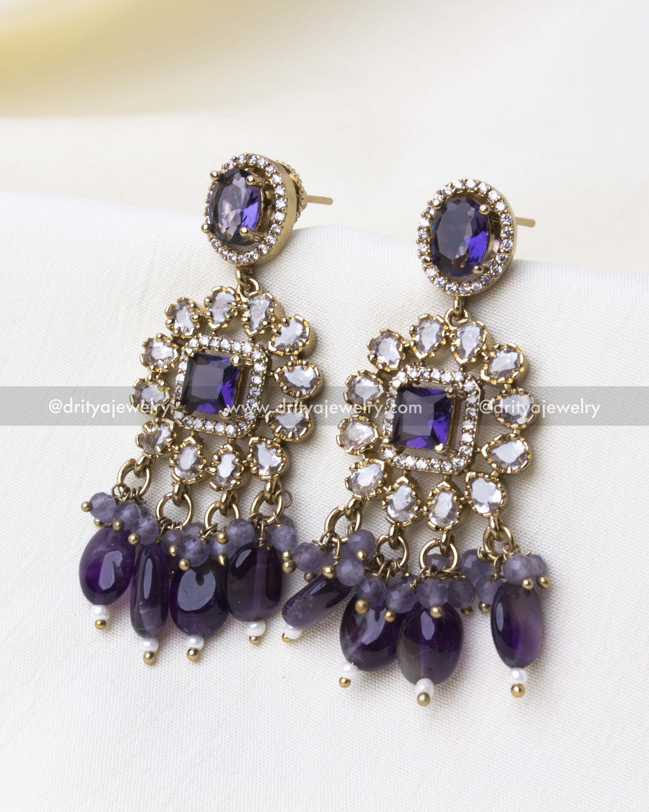 Chandelier-style earrings with amethyst stones and a Victorian finish, part of the Premium Victorian Choker Set.