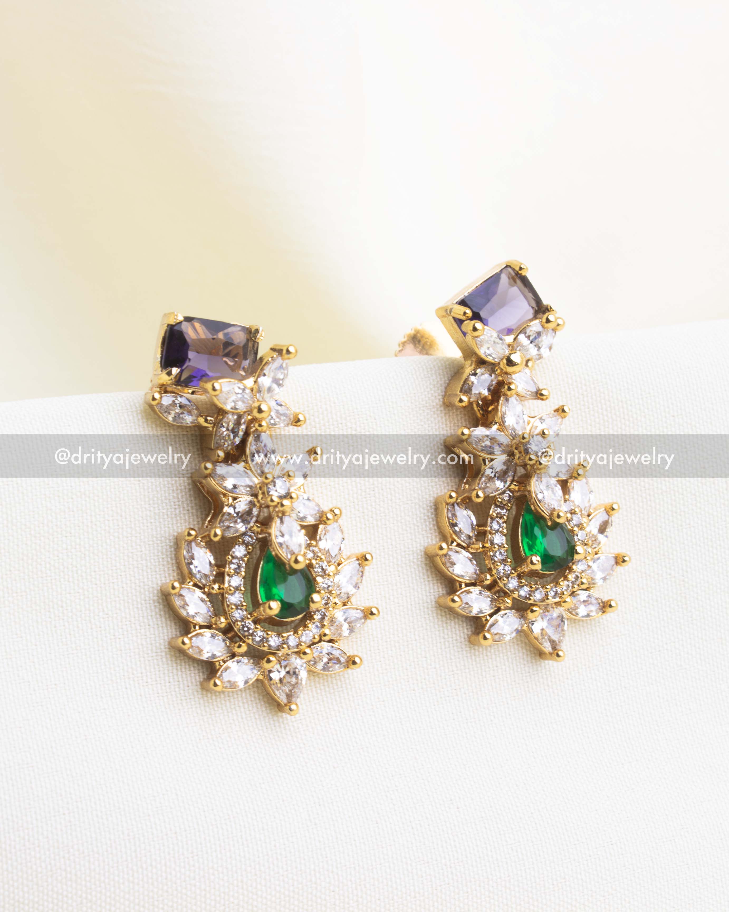 Matching Earrings with CZ and Emerald Green Stone Detailing