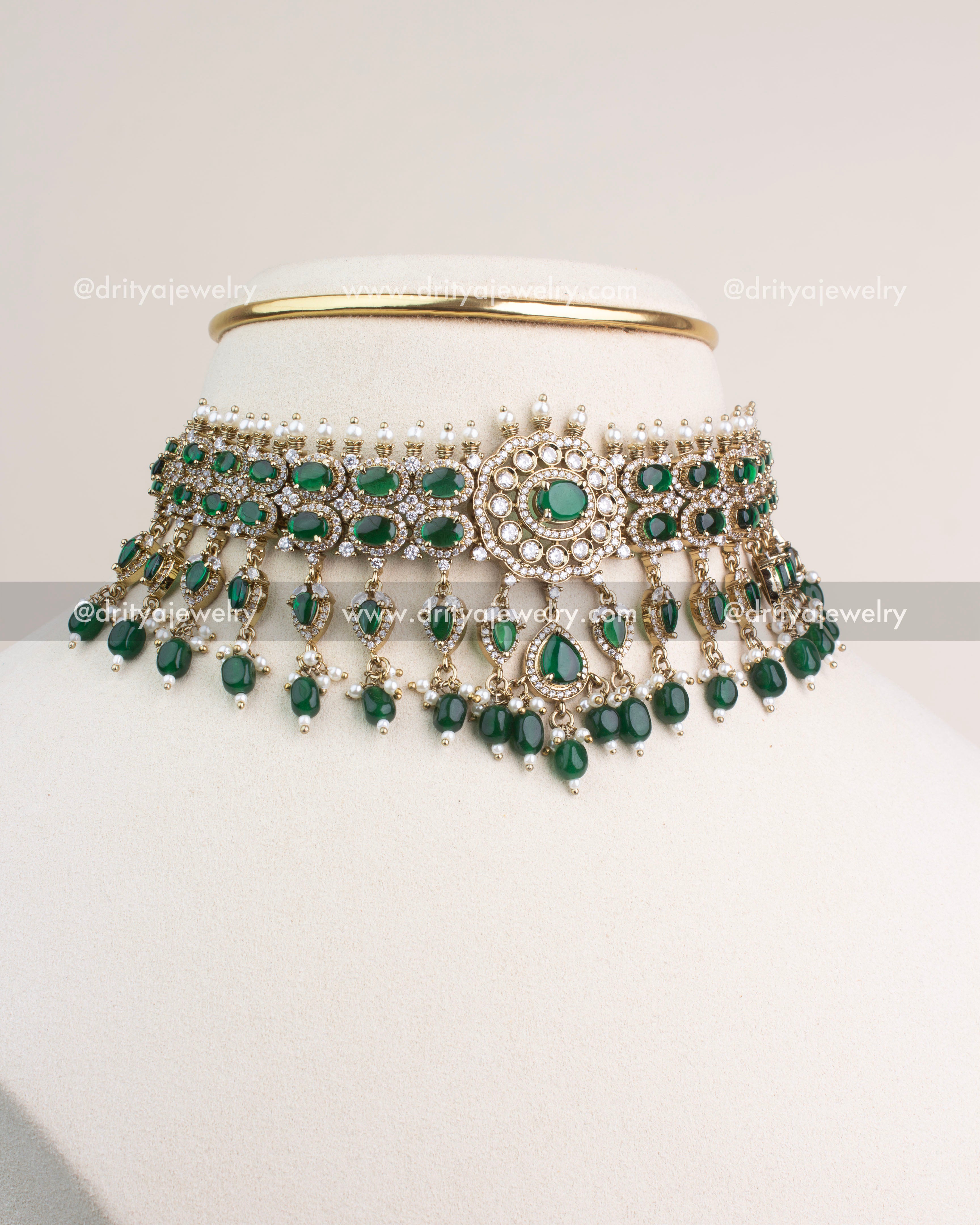 Premium Victorian Choker Set with emerald green stones, white CZ crystals, and pearl bead drops.