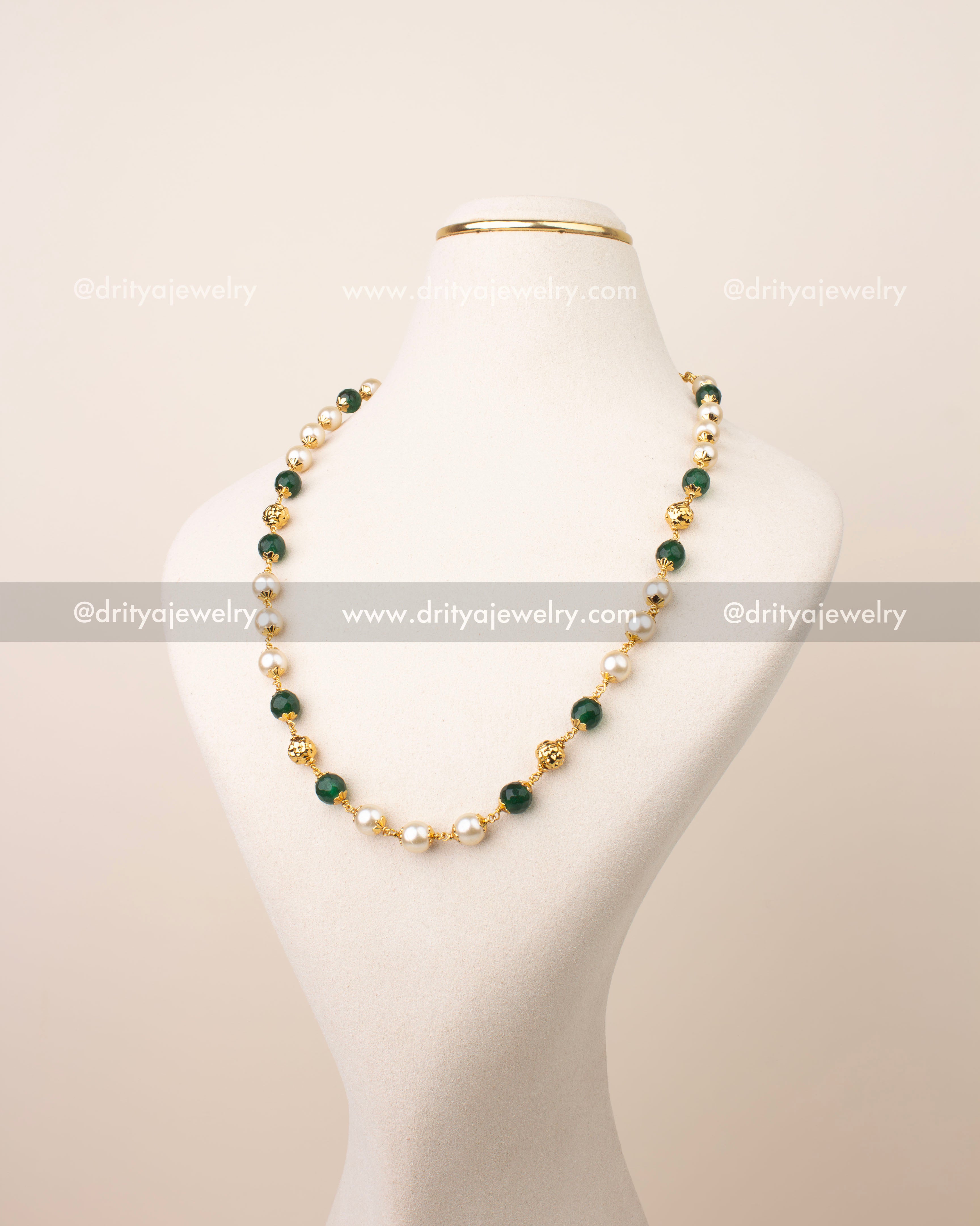 Premium beads mala necklace with pearl and emerald green beads and gold polish