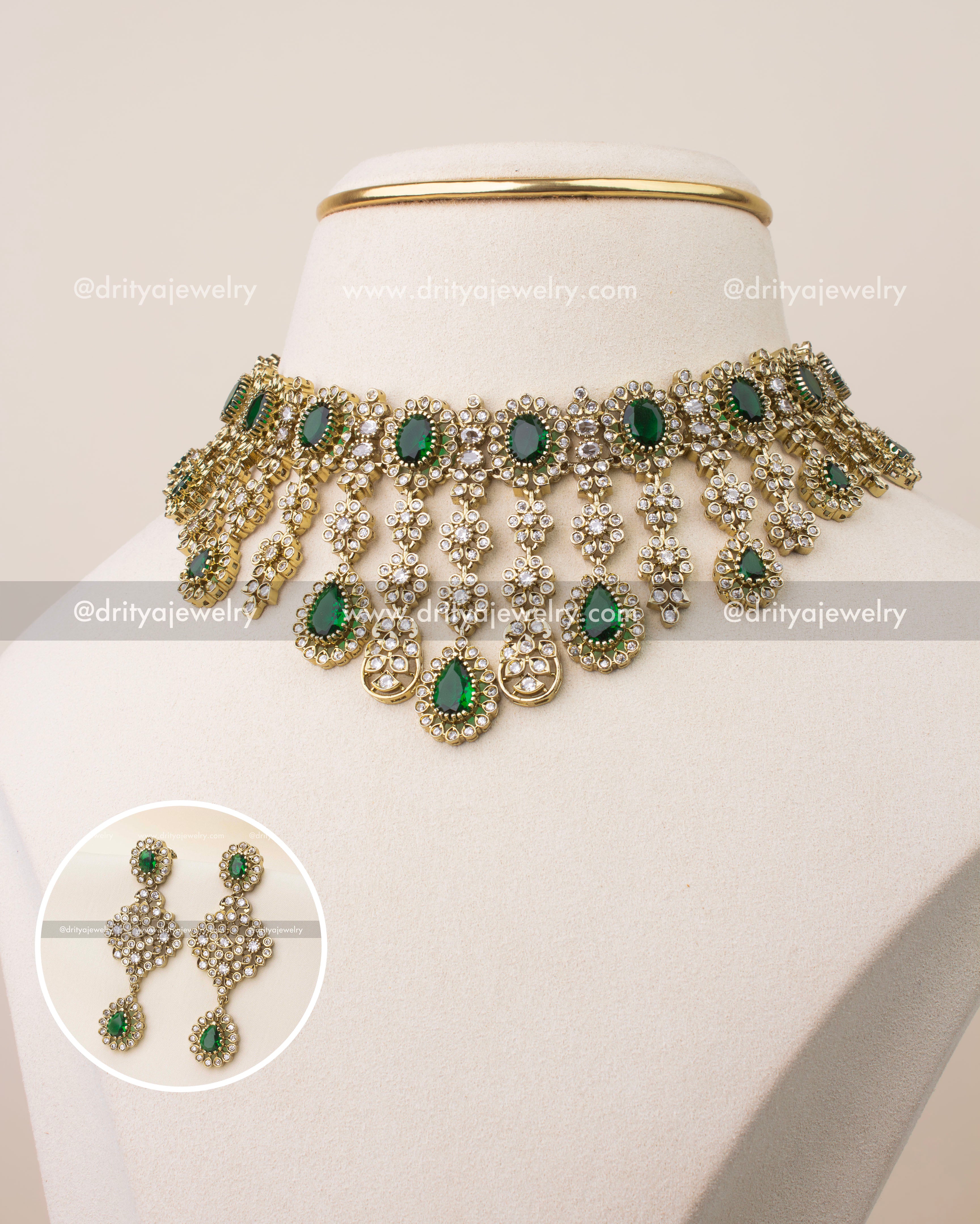 Premium princess length Victorian necklace set with emerald green stones and CZ detailing