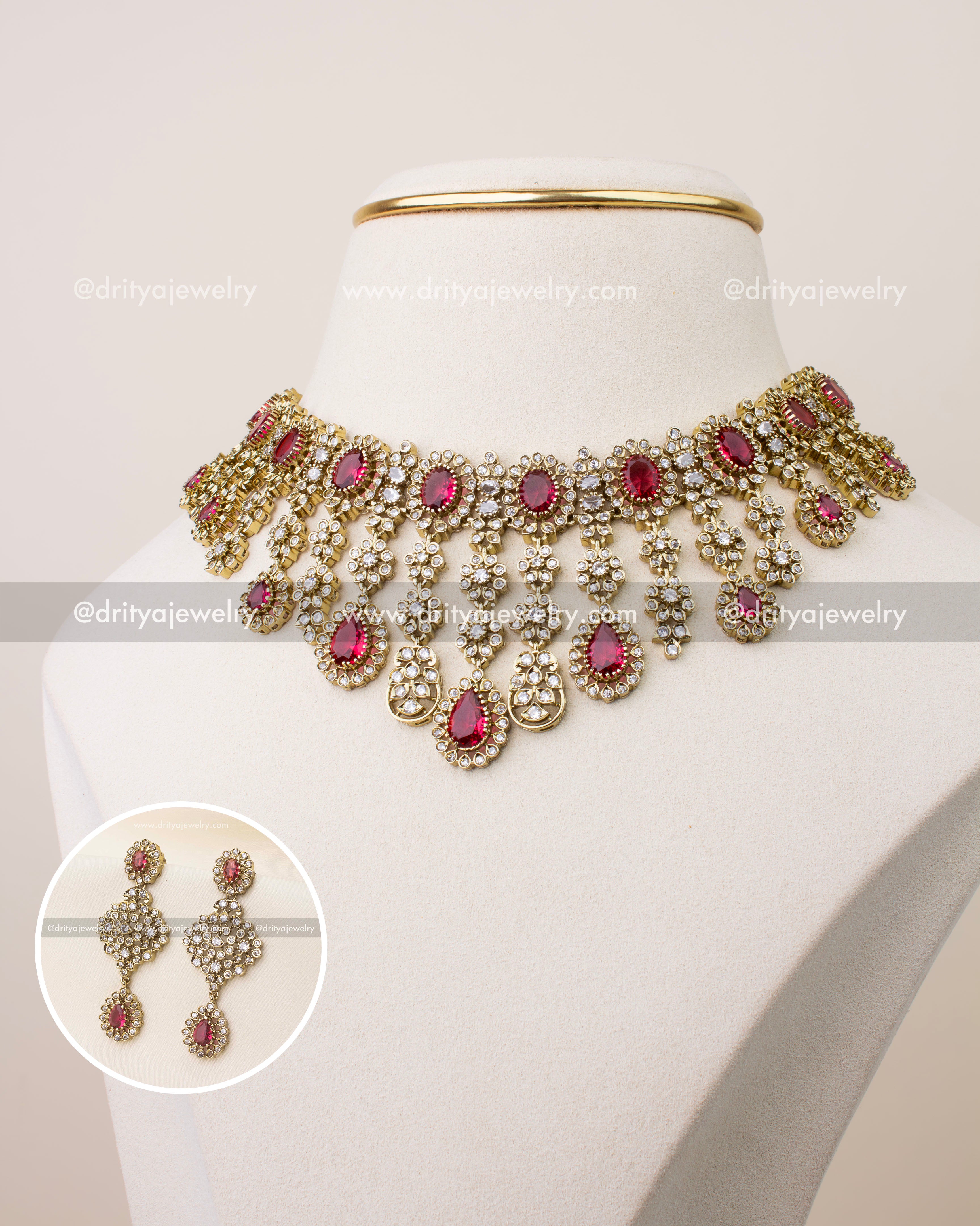Princess length Victorian necklace set with ruby red stones and CZ embellishments