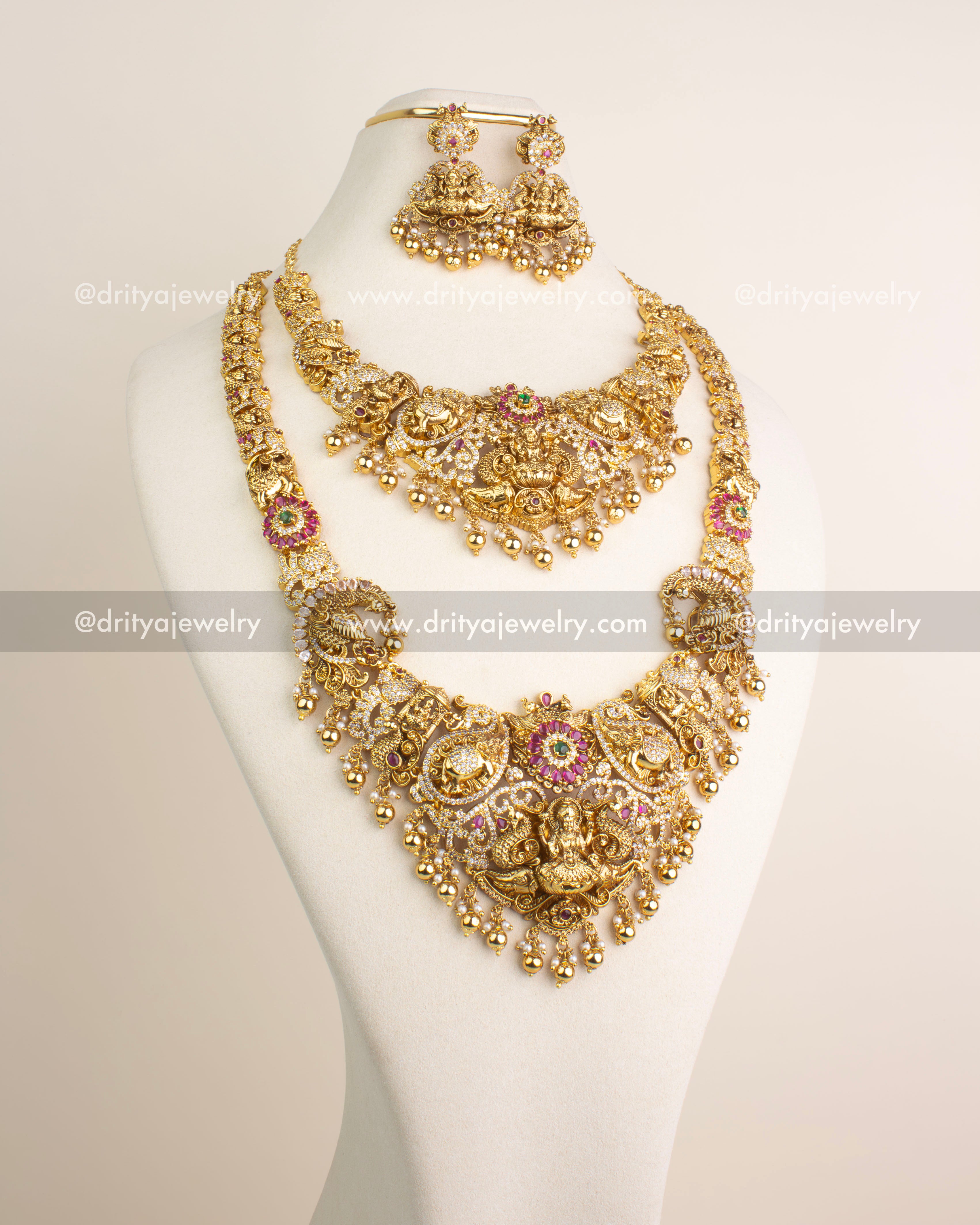 Traditional Nakshi combo set featuring long necklace, short necklace, and danglers with Lakshmi motifs and gold bead hangings.