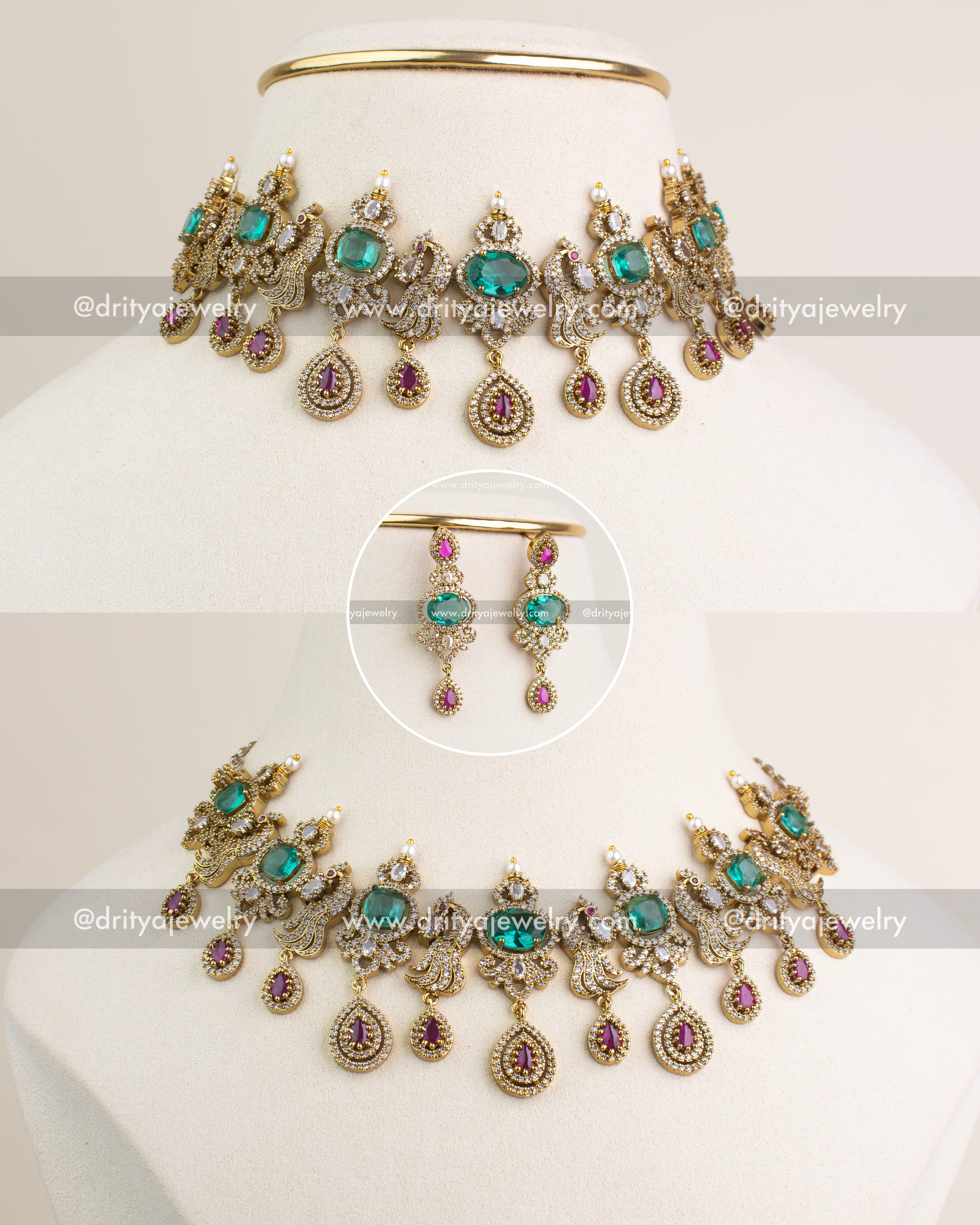 Complete Victorian choker set with emerald stones and matching earrings in celebrity Sneha inspired design.