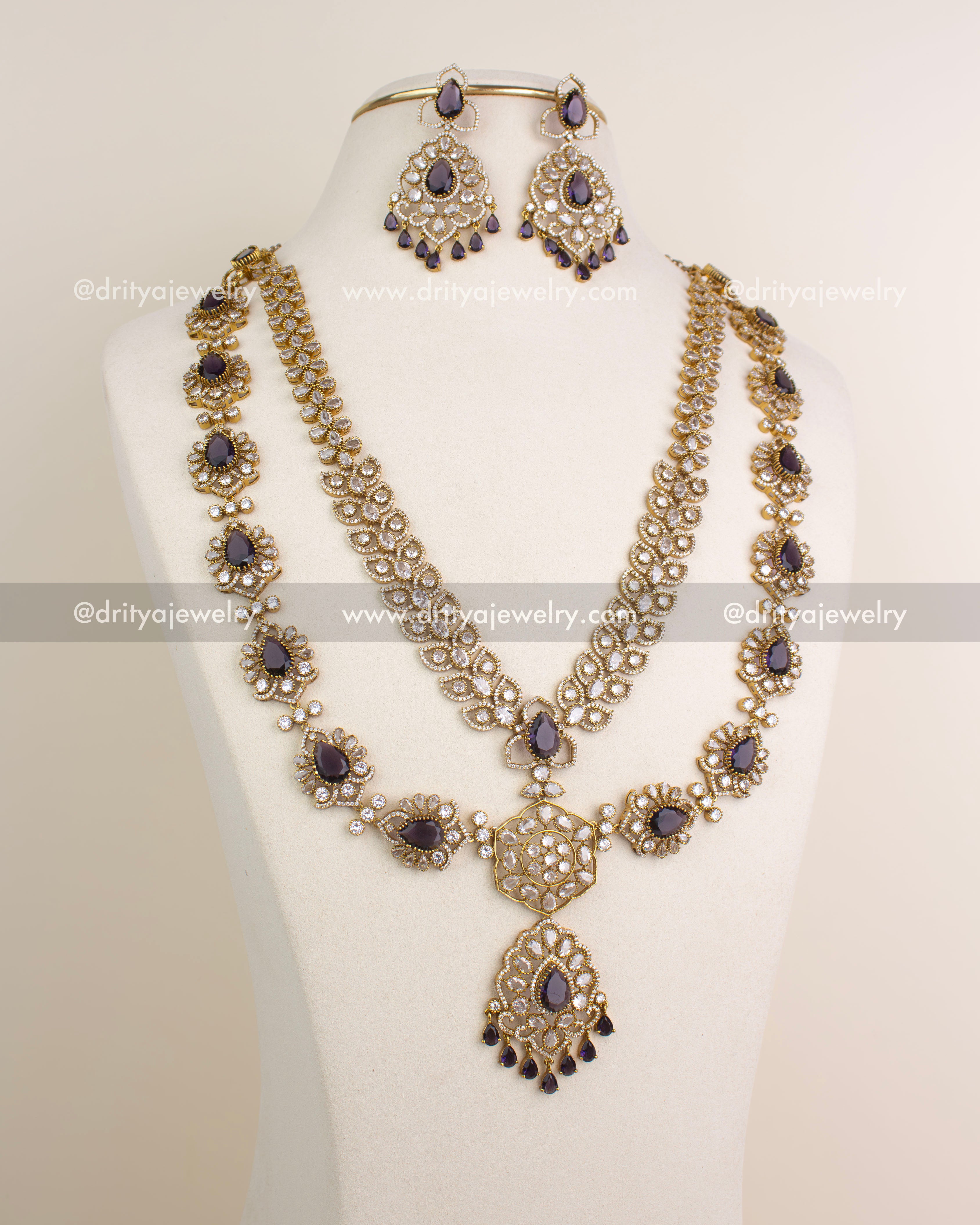 Premium Victorian layered bridal long necklace set with purple stones, antique gold polish, and matching danglers.