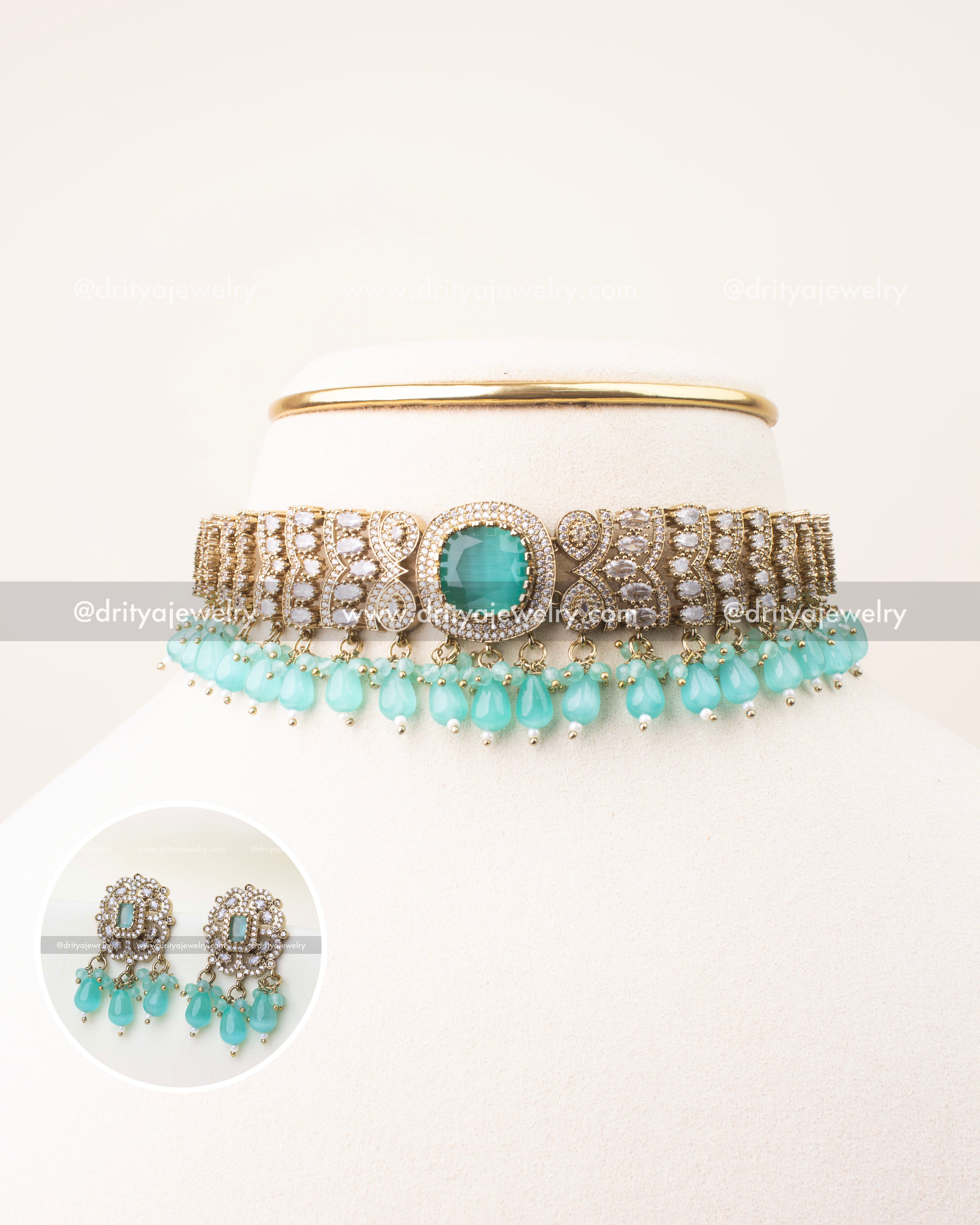 Premium Victorian Mint Choker Necklace Set with CZ stones