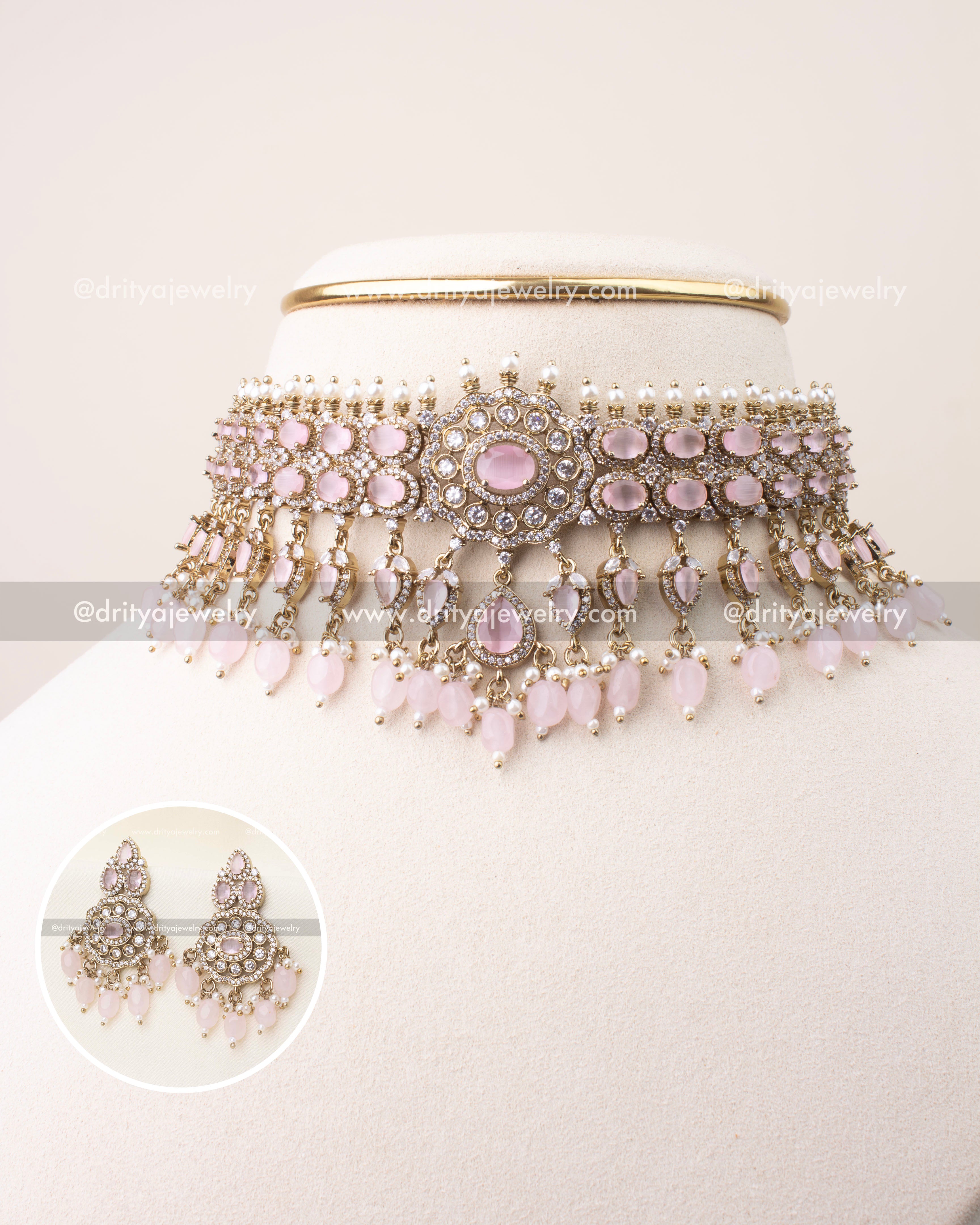 Premium Victorian choker set in blush pink stones with pearl drops and Victorian gold finish