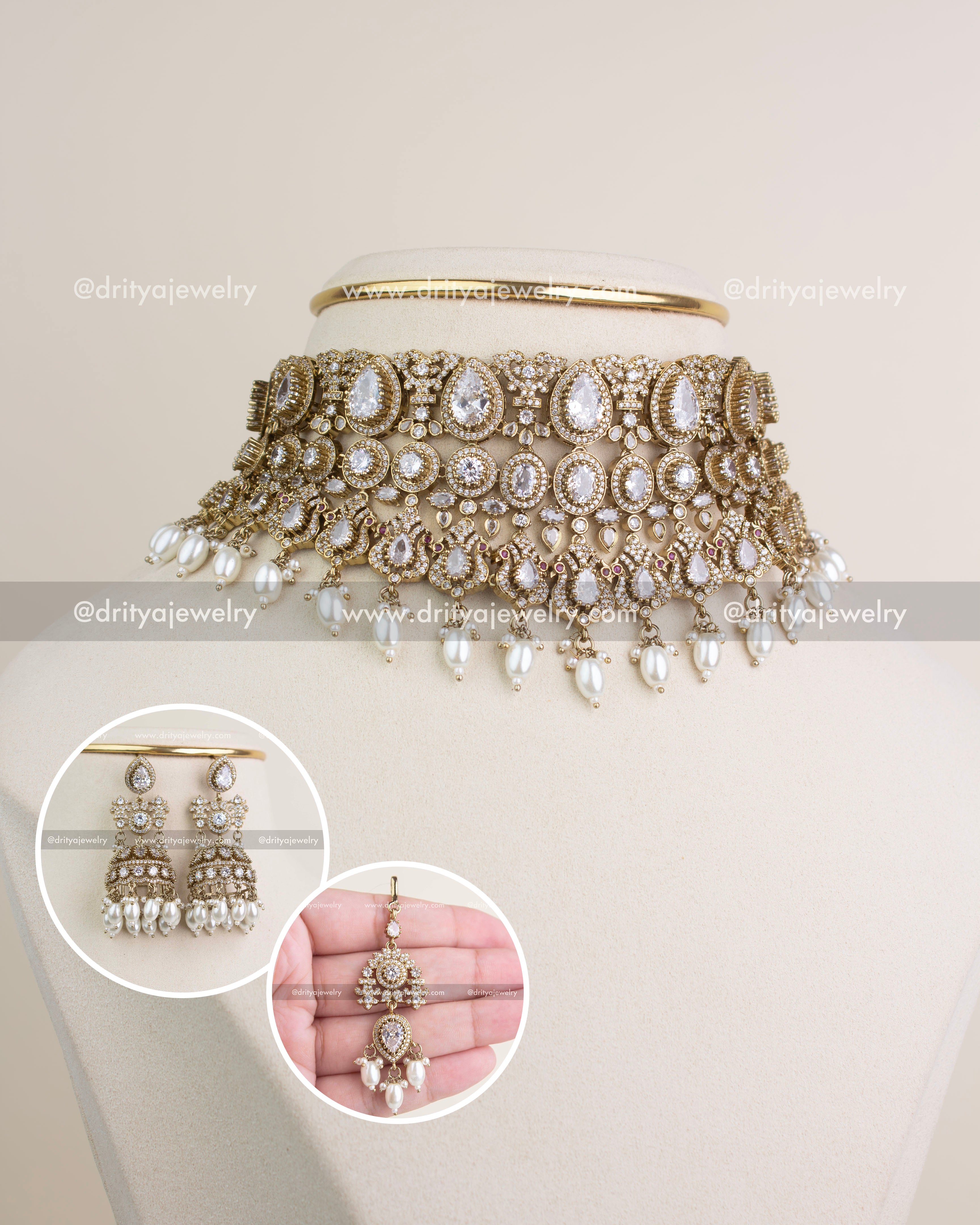 Premium Victorian bridal choker set in Russian emerald with multi-layer detailing, AD stones, and bead droplets.