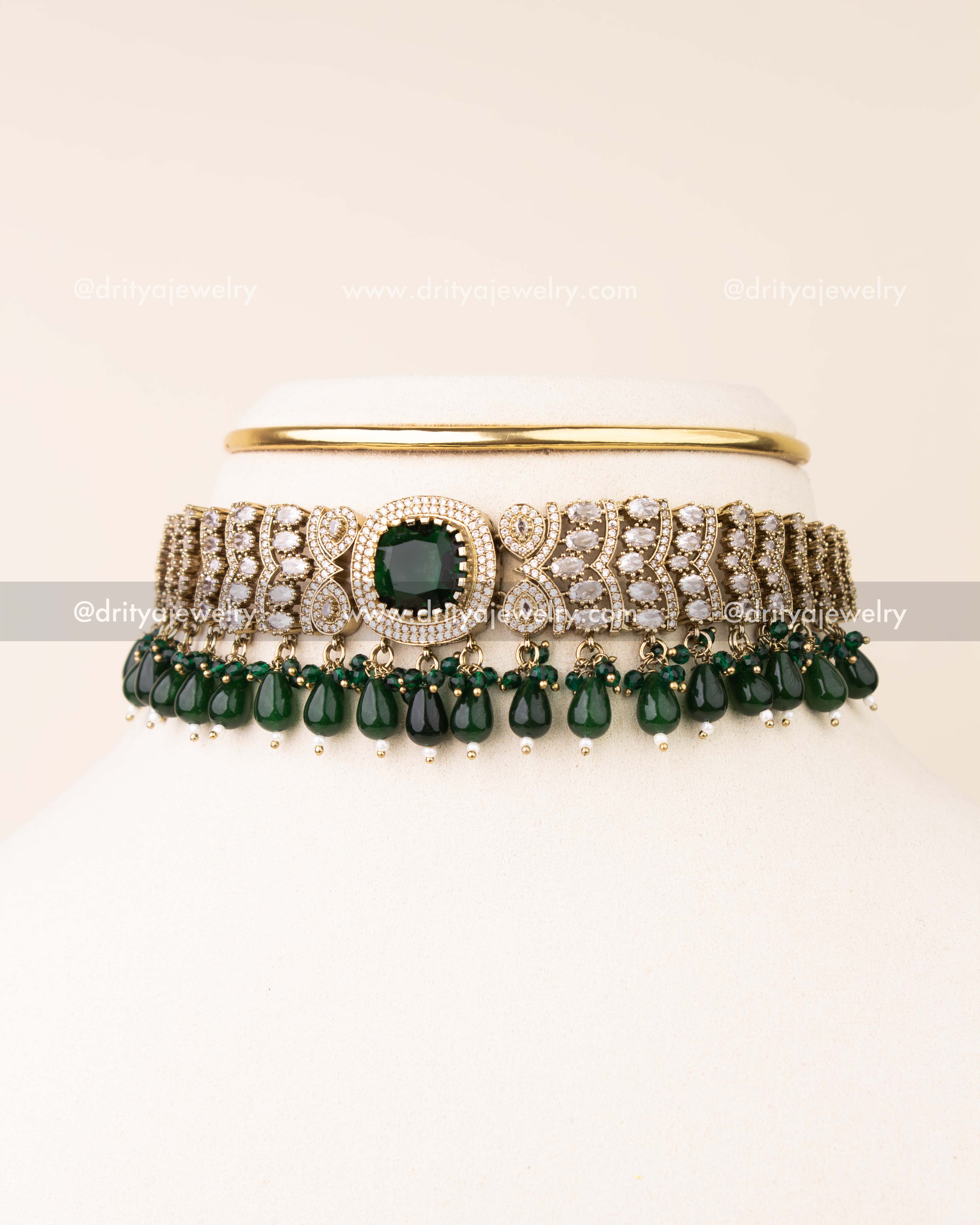 Victorian choker with emerald green bead drops and matching studs.