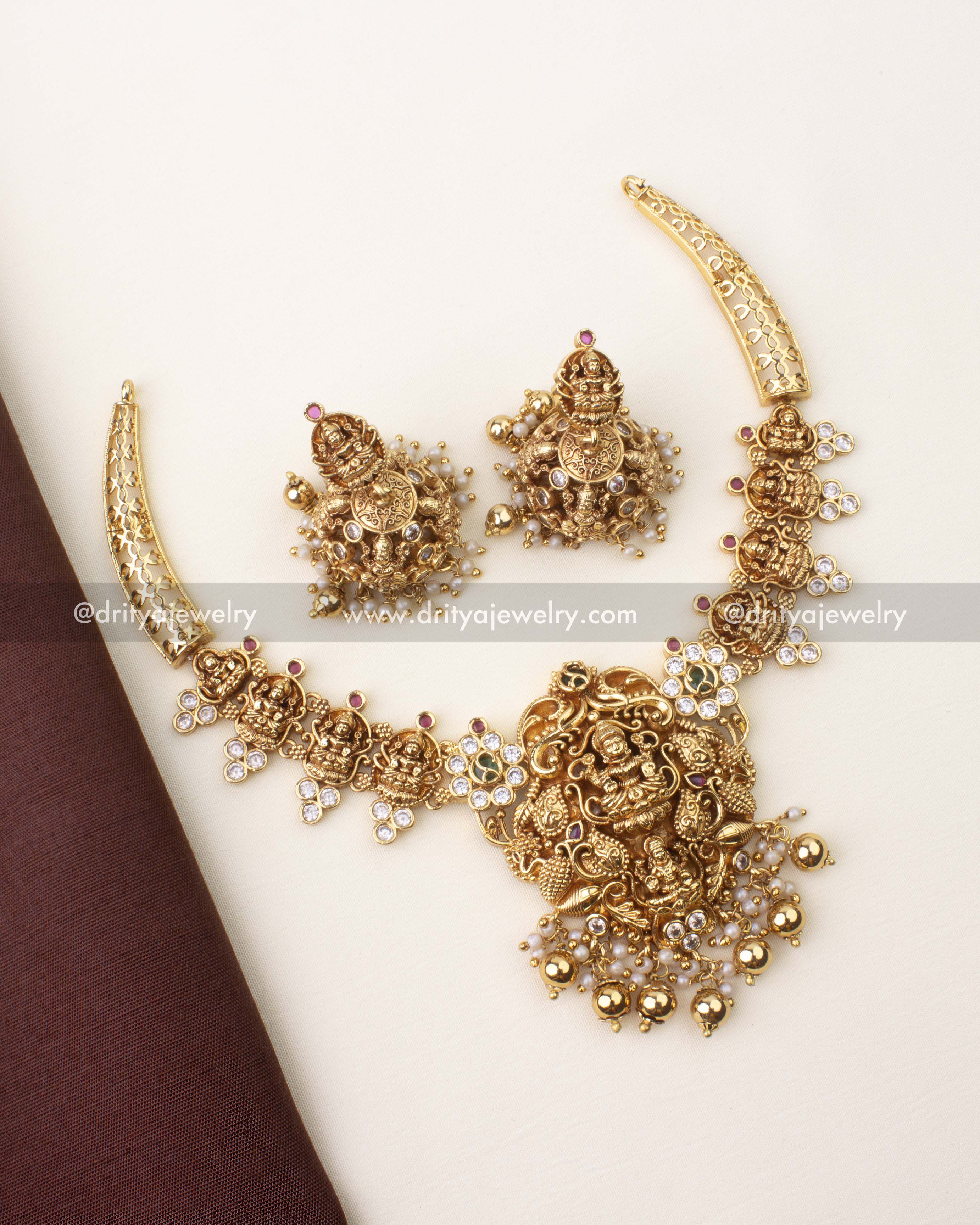 Premium temple kanti short necklace with Goddess Lakshmi motif, CZ stones, and pearl drops
