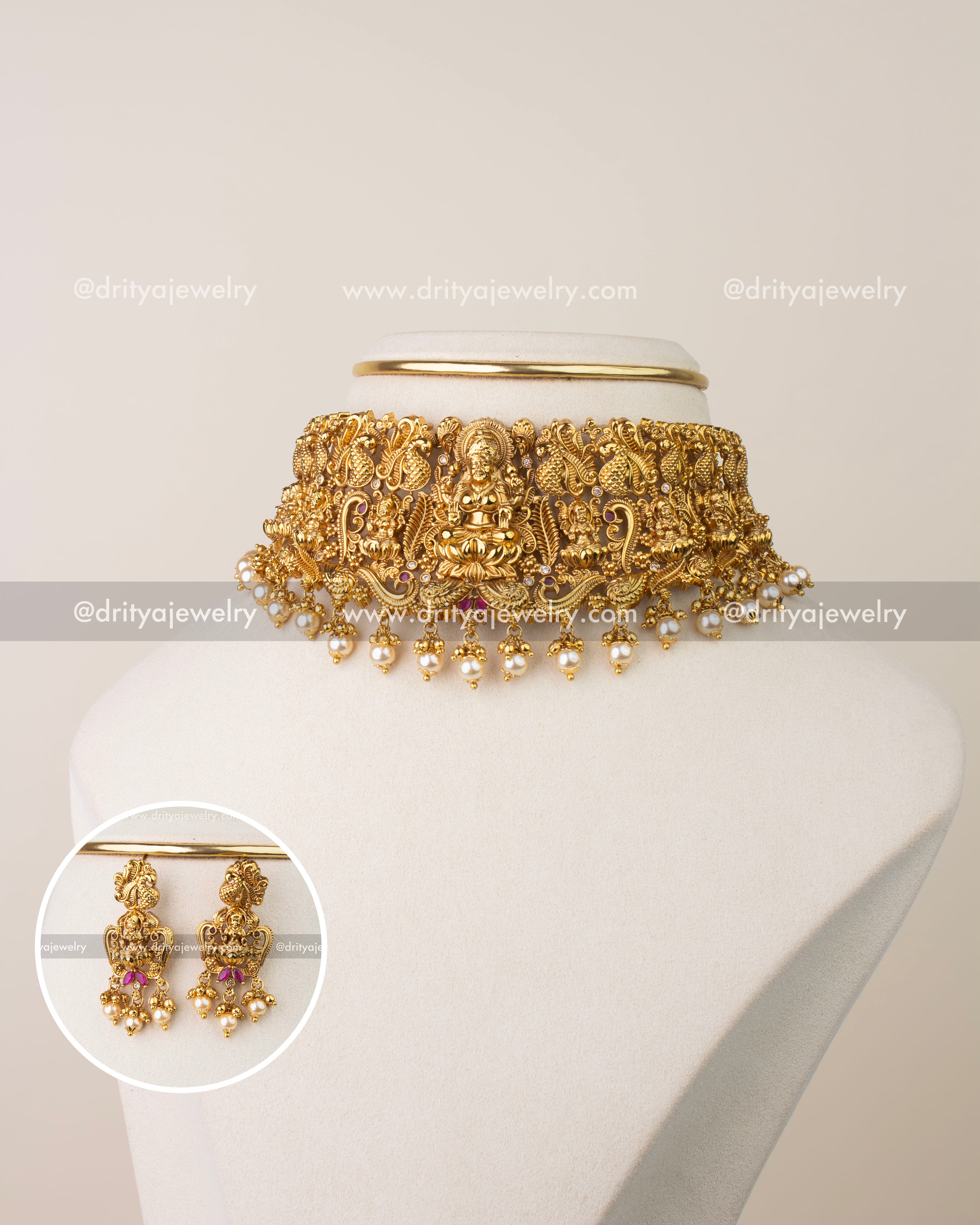 Nakshi temple choker set with Goddess Lakshmi motif and antique gold finish