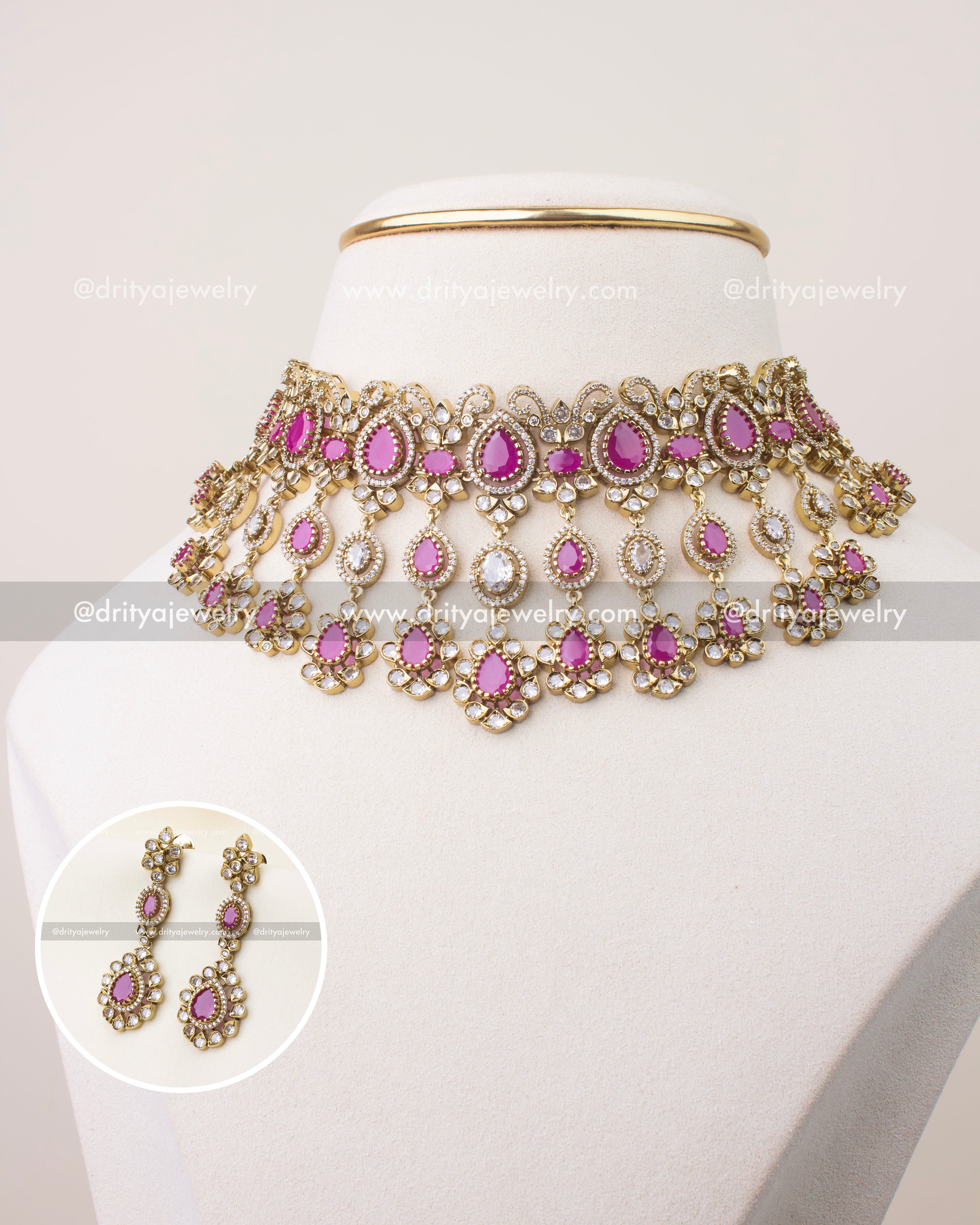 Premium Victorian choker necklace with ruby pink teardrop stones and CZ embellishments