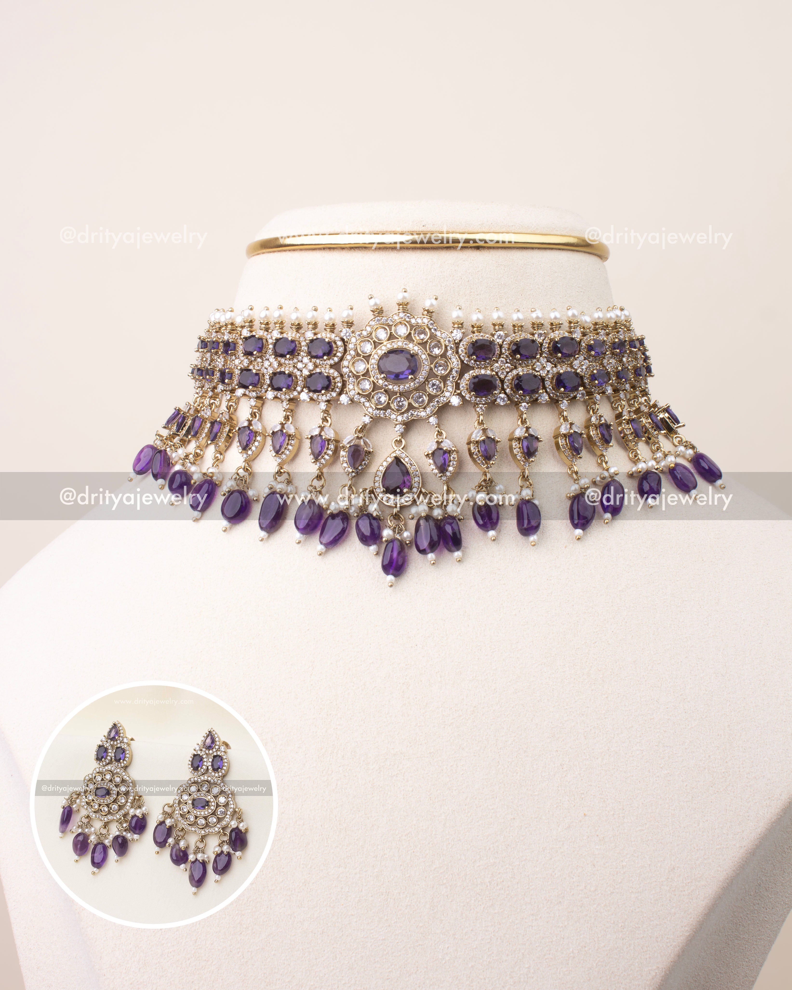 Premium Victorian choker set with purple stones, pearl drops, and Victorian gold finish