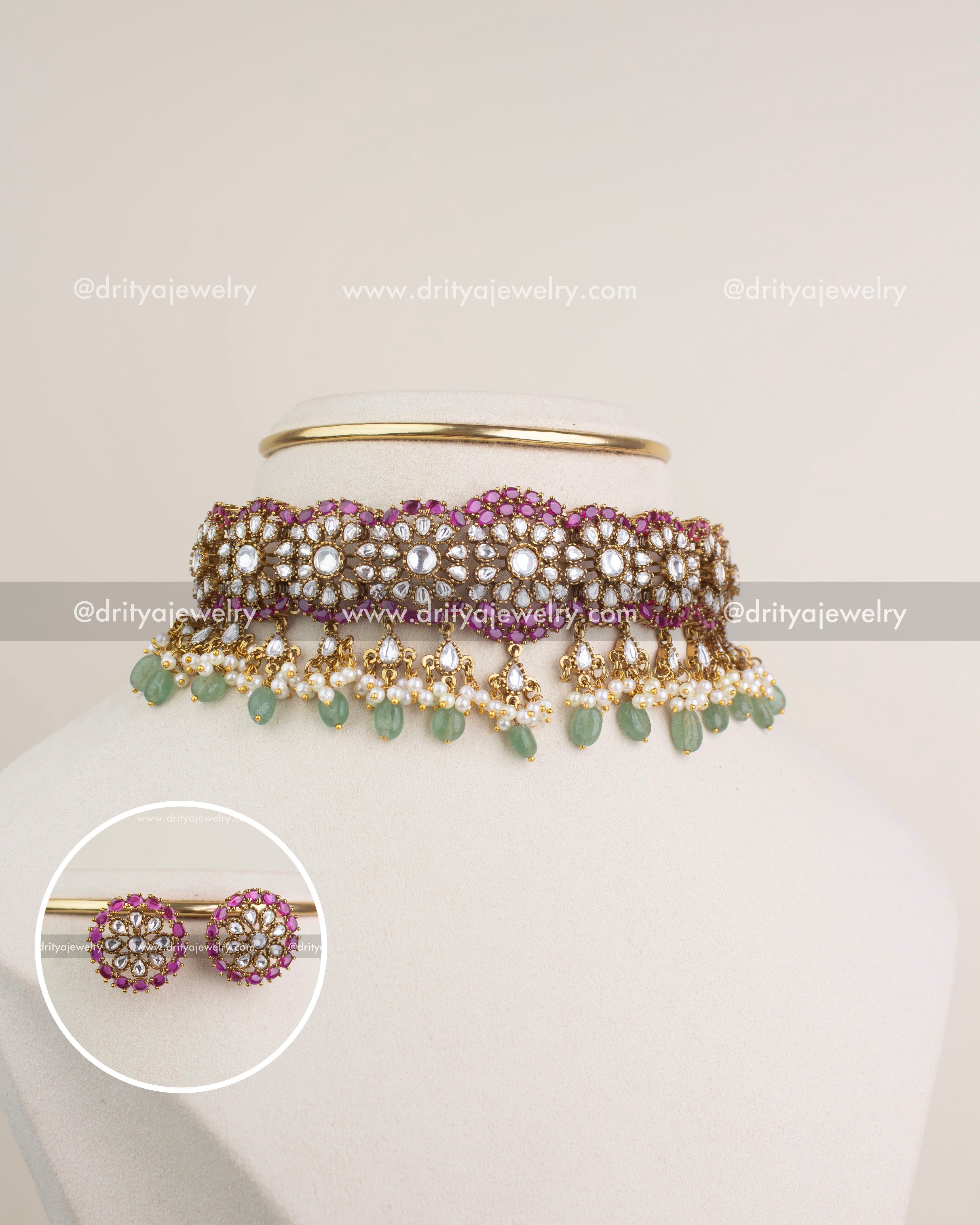 Full display of the polki kundan choker with matching earrings, showcasing bead drops and craftsmanship.