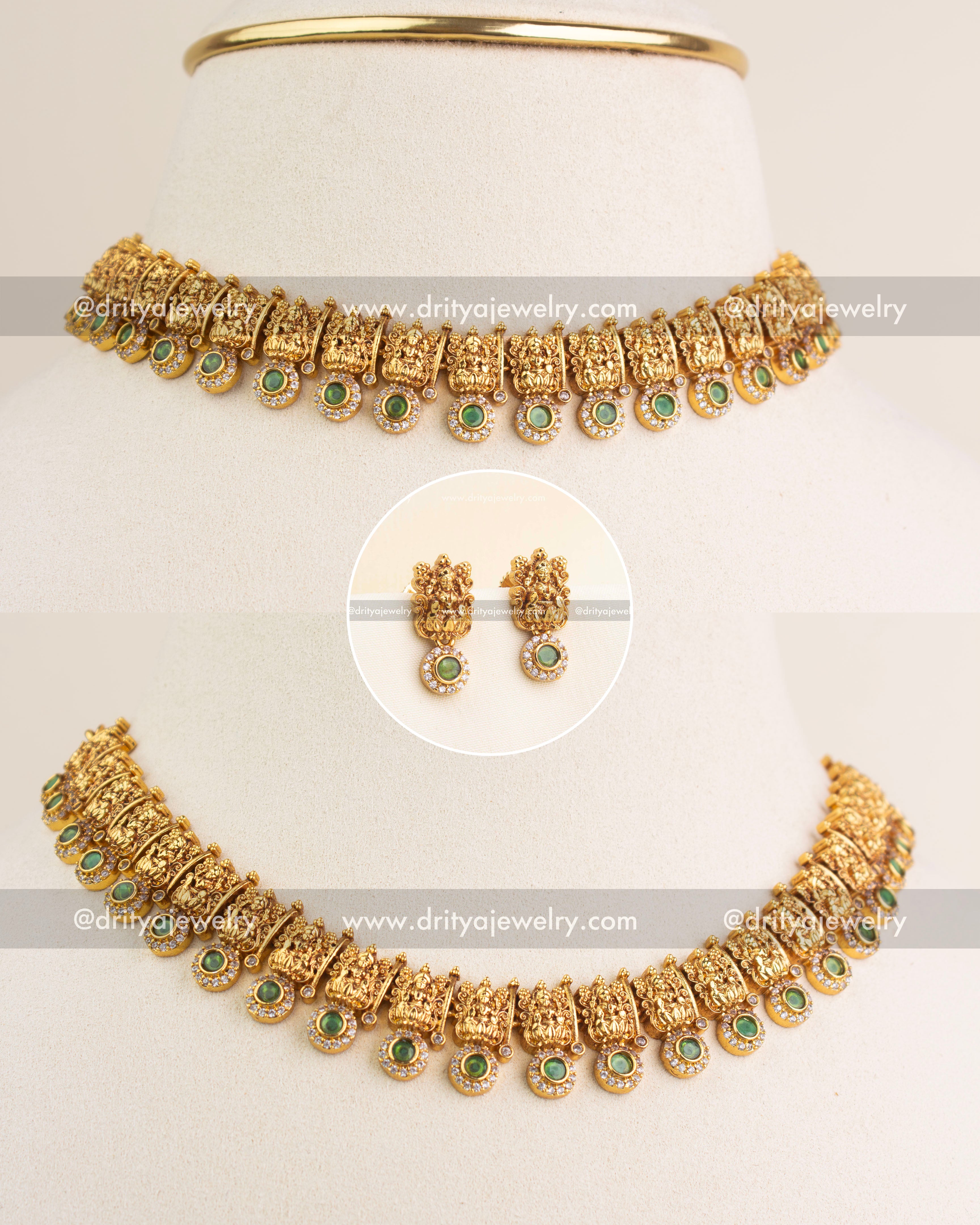 Traditional Temple Choker Necklace with Lakshmi motifs and green stones