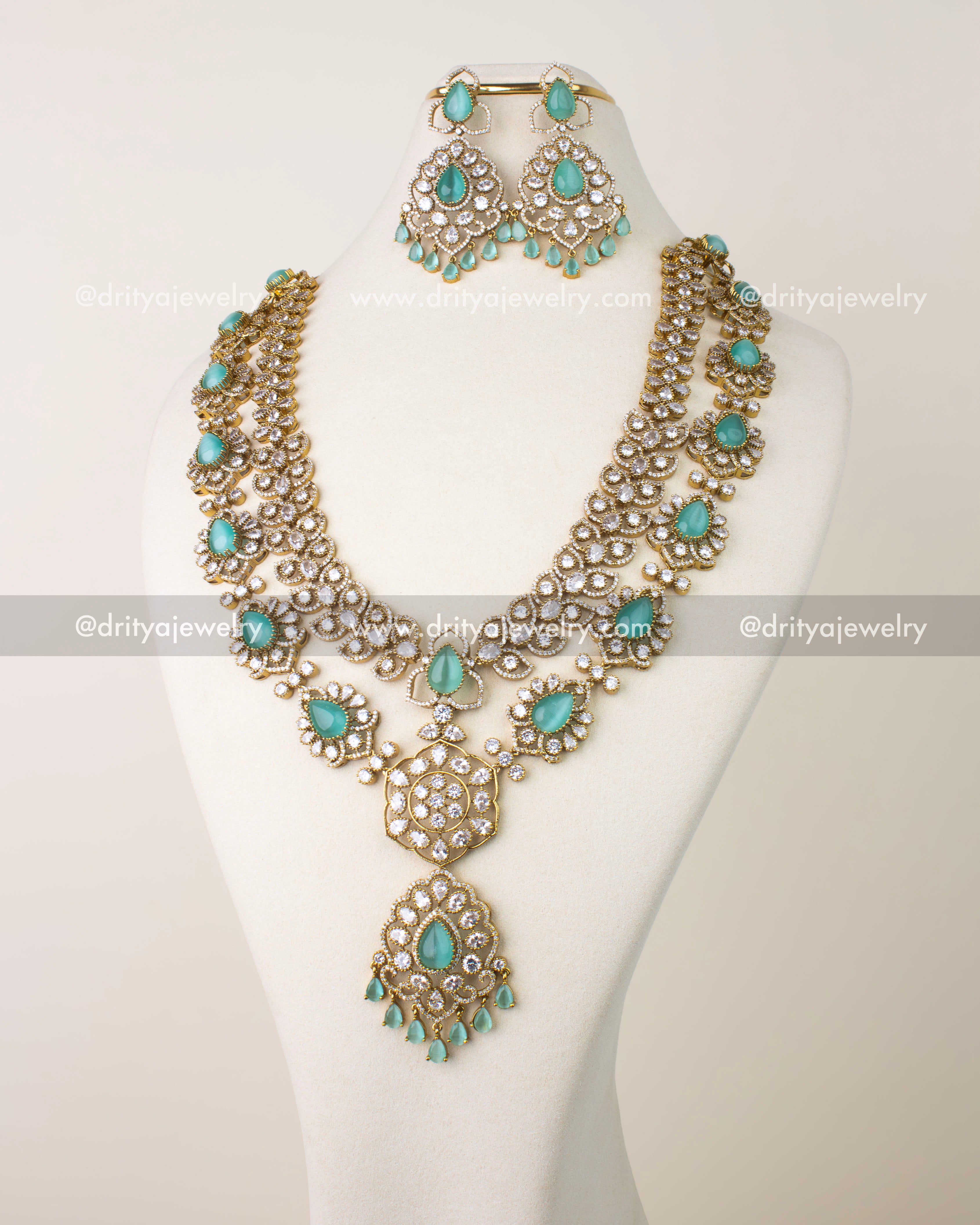 Mint green Victorian layered necklace with cushion cut stones and CZ embellishments