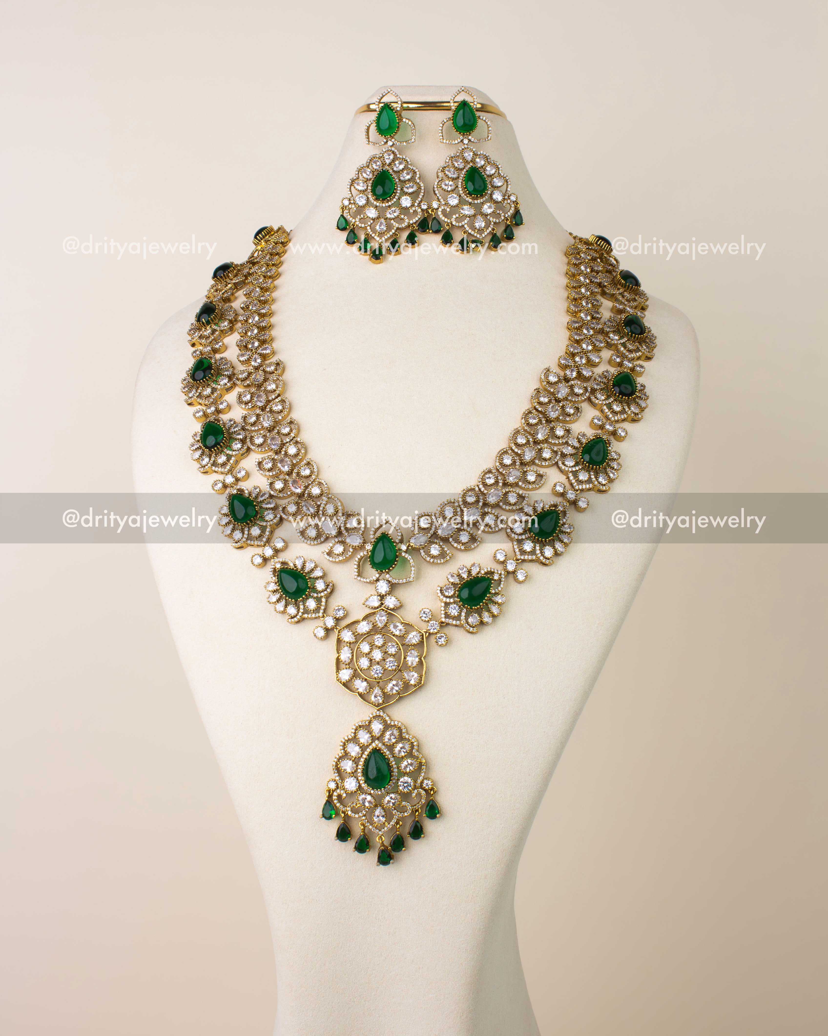 Emerald green Victorian long necklace set with cushion cut stones and CZ work