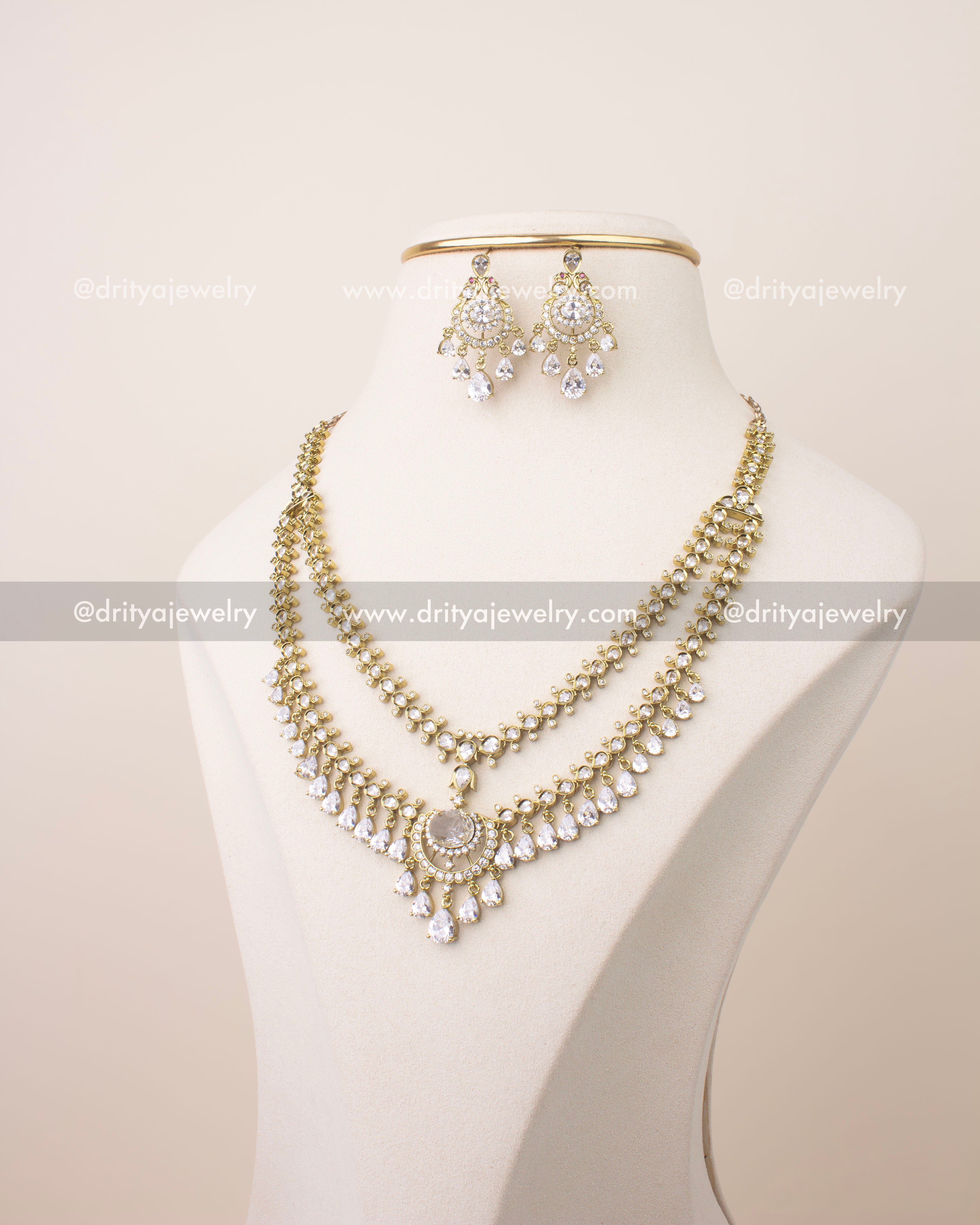 Premium Victorian layered short necklace set with diamond white CZ stones