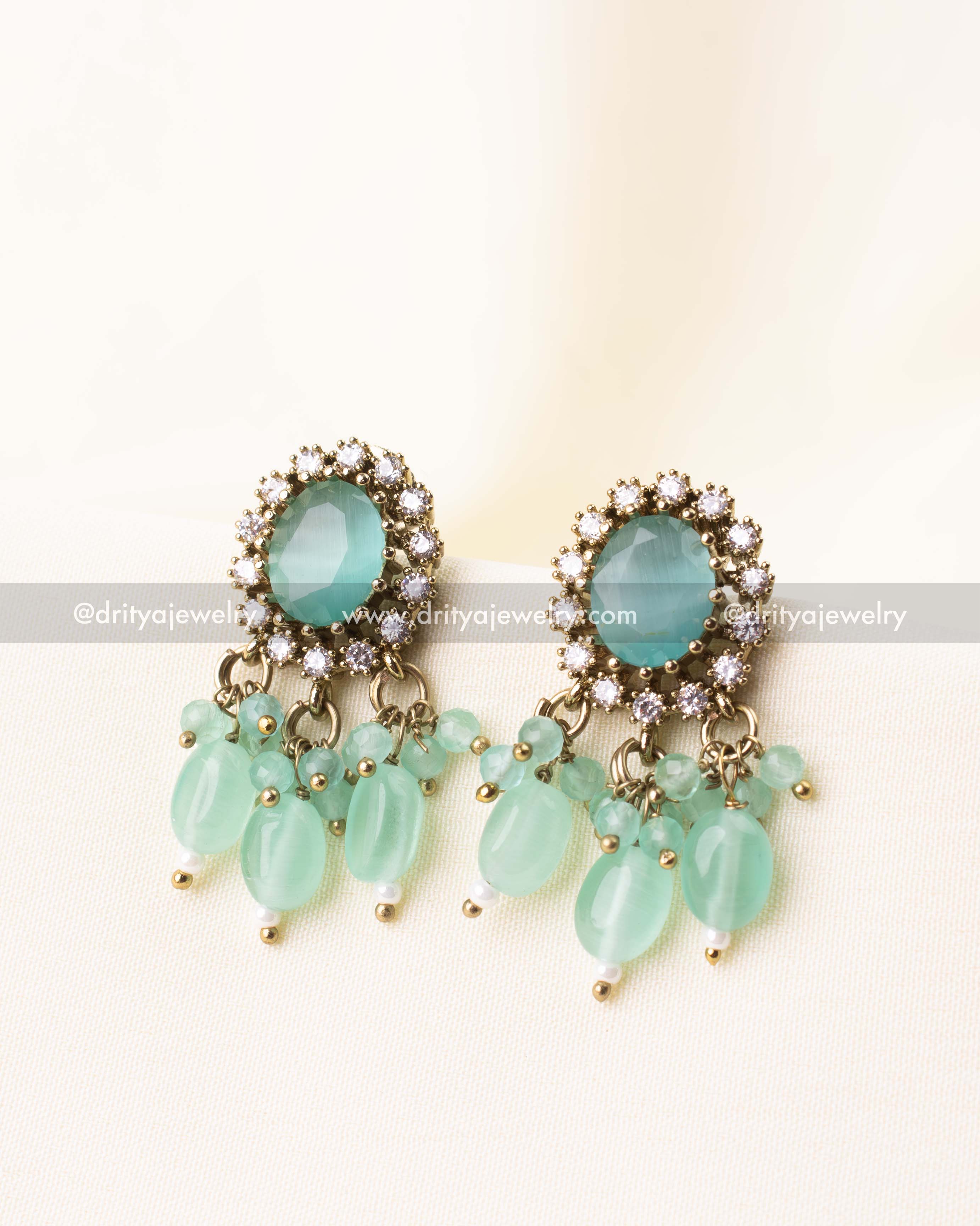 Mint green earrings with drop-shaped bead danglers in Victorian style