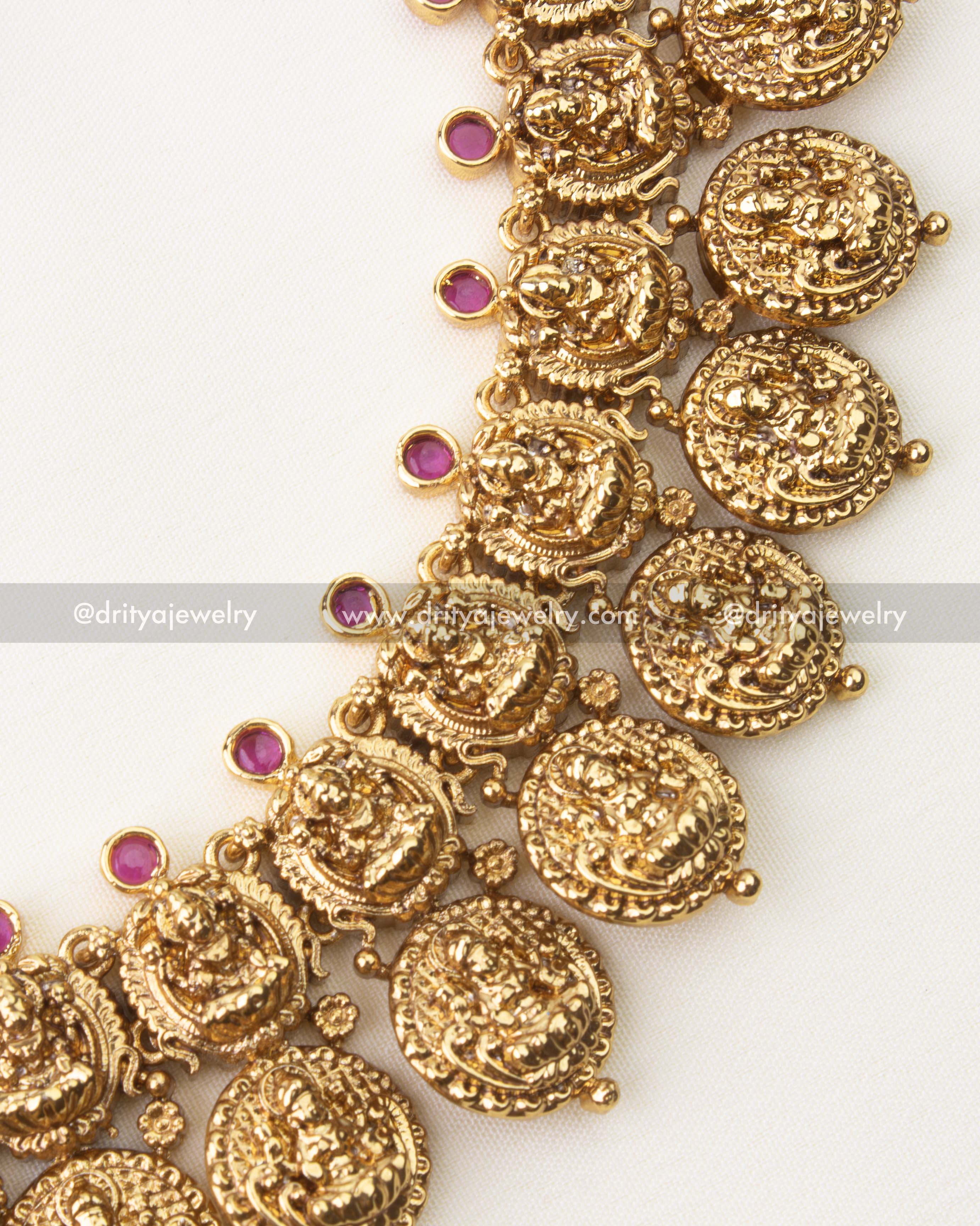 Close-up of Lakshmi coin Nakshi detailing on temple Bottu Maala necklace