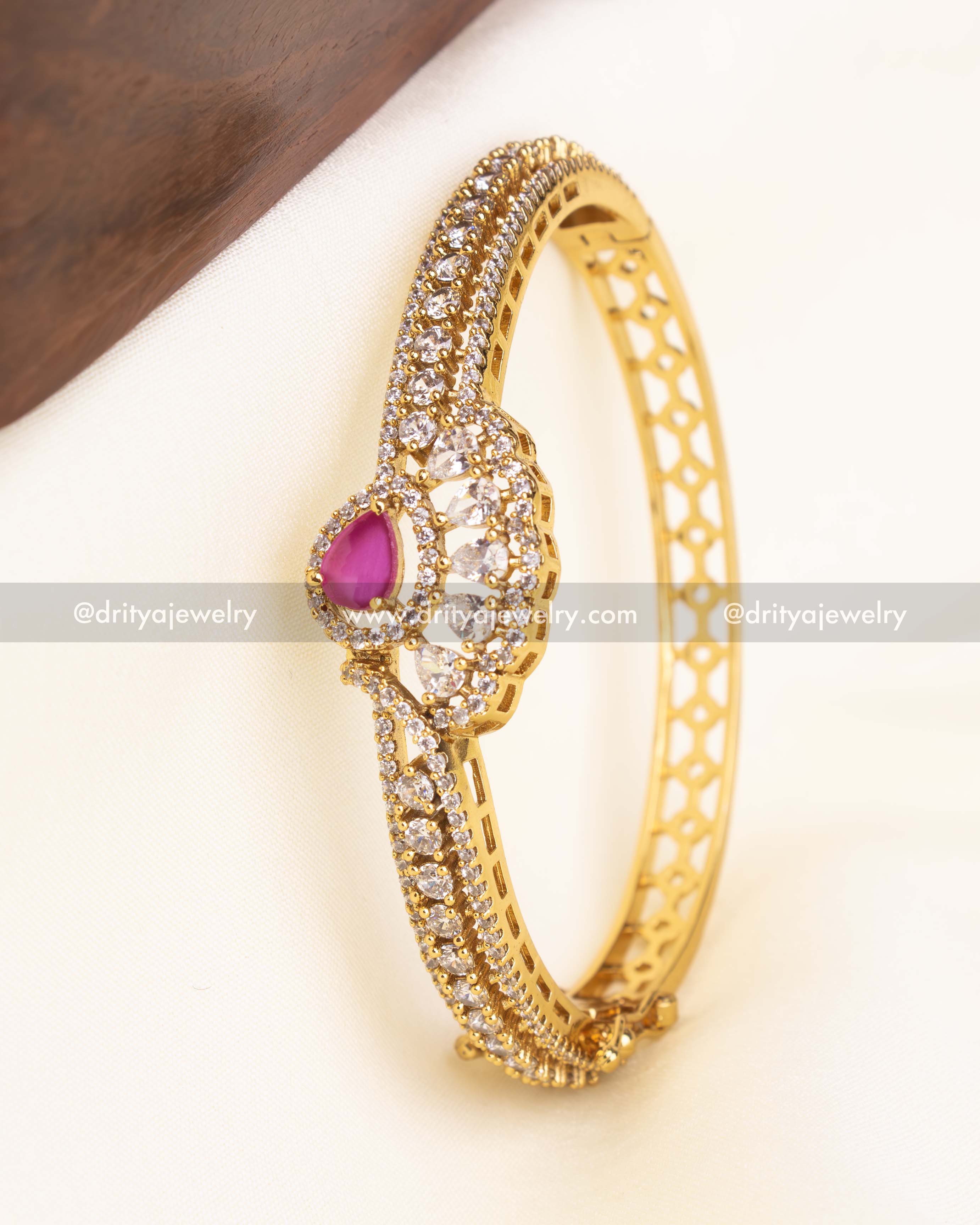 Side view highlighting the detailed CZ stone setting and openable clasp of the free size kada.